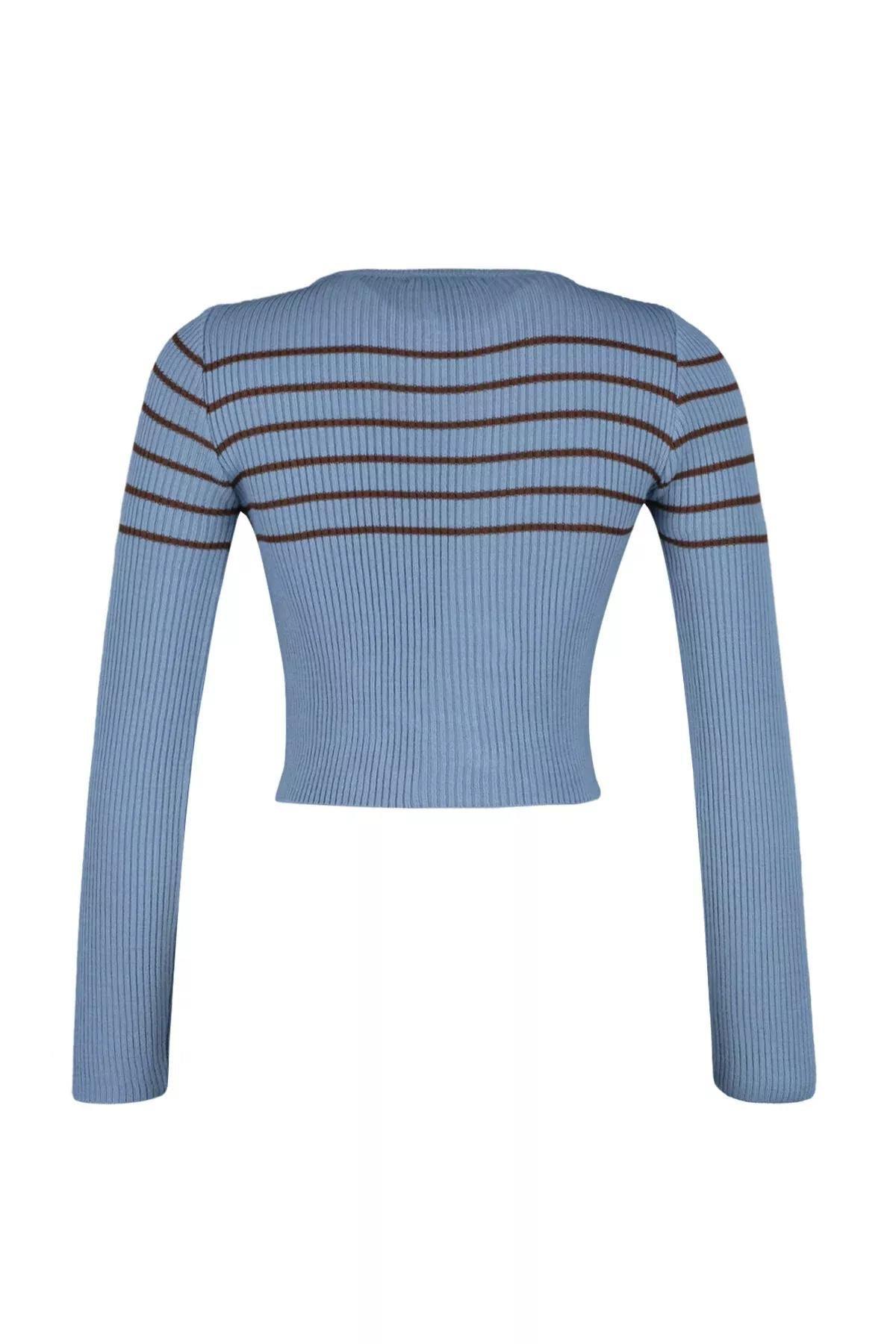 Blue Striped Cropped Knitted Sweater, Indigo, large image number 5