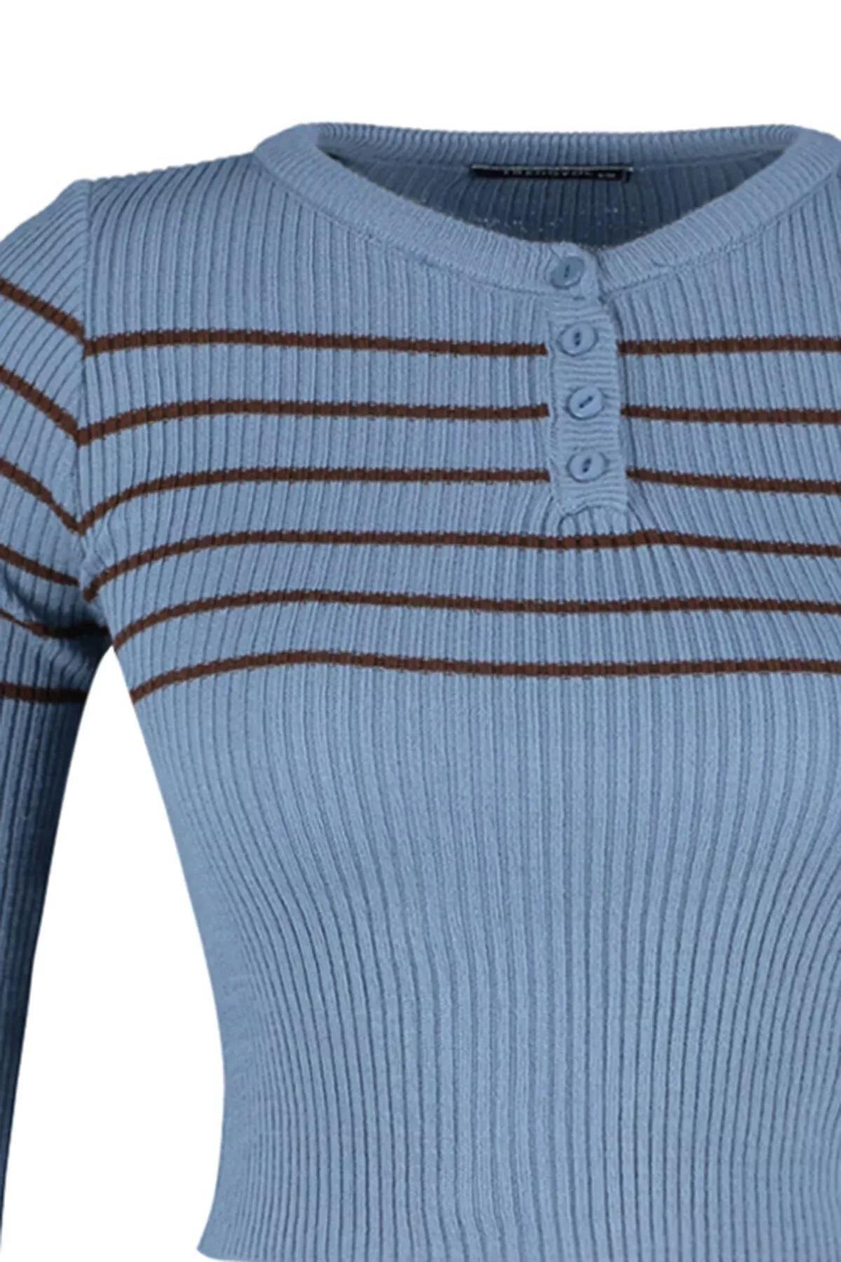Blue Striped Cropped Knitted Sweater, Indigo, large image number 6
