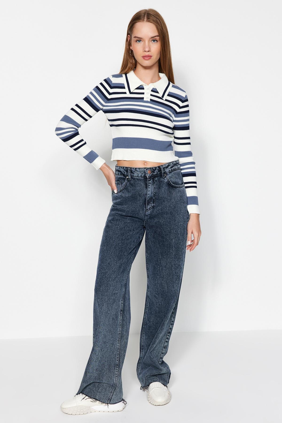 Cream Polo Collar Cropped Knitted Sweater, Ecru, large image number 1