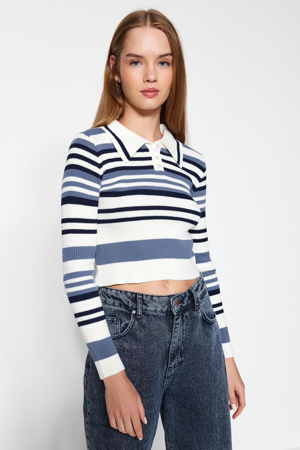 Cream Polo Collar Cropped Knitted Sweater, Ecru, large image number 2
