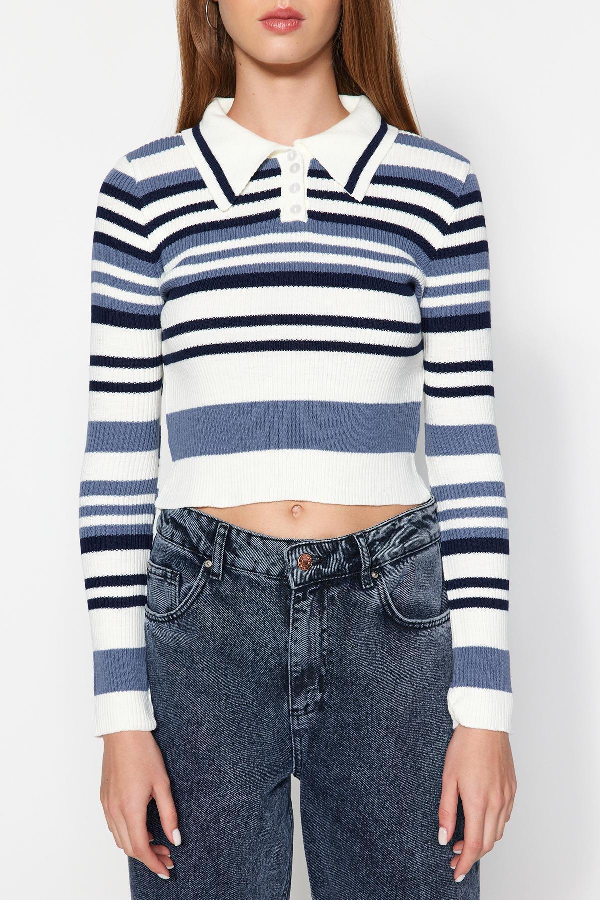 Cream Polo Collar Cropped Knitted Sweater, Ecru, large image number 3