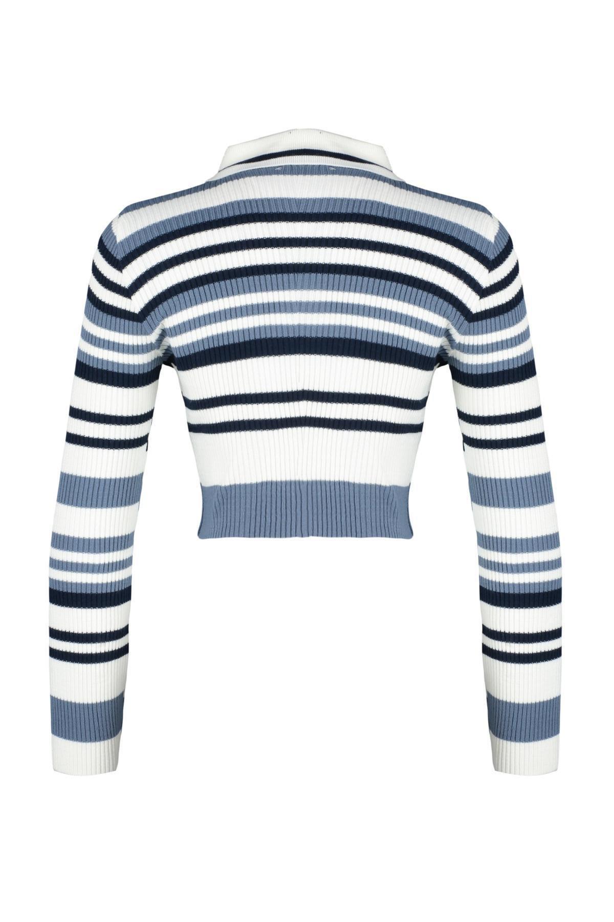 Cream Polo Collar Cropped Knitted Sweater, Ecru, large image number 6
