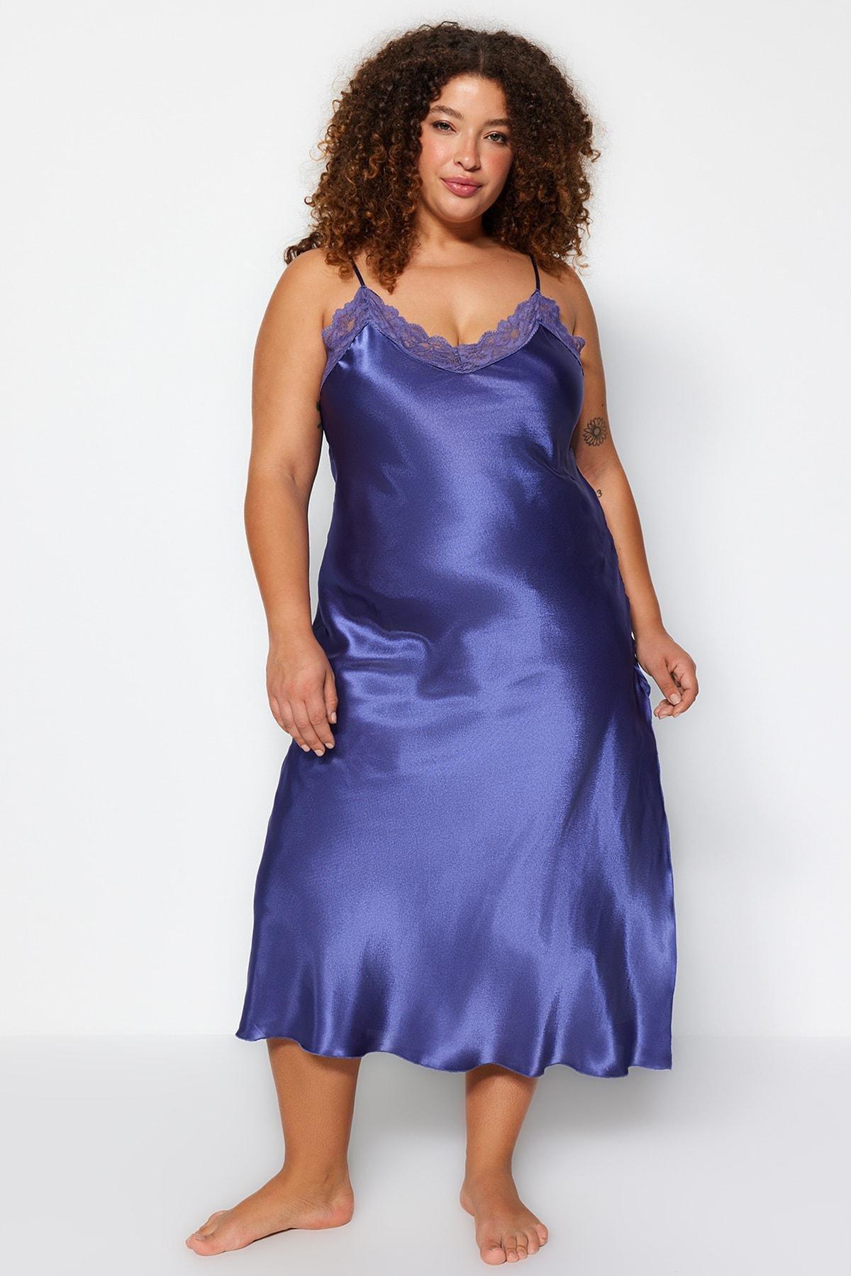 Trendyol - Navy Weave Satin Nightgown