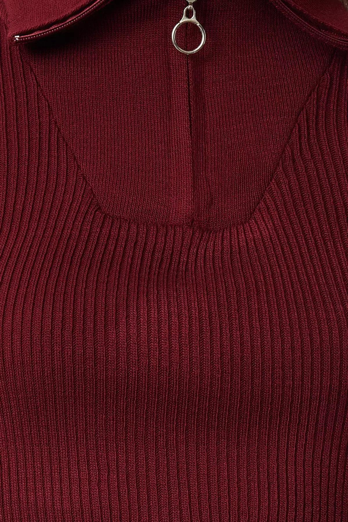 Red Crop Zipper Detailed Knitted Sweater, Burgundy, large image number 2