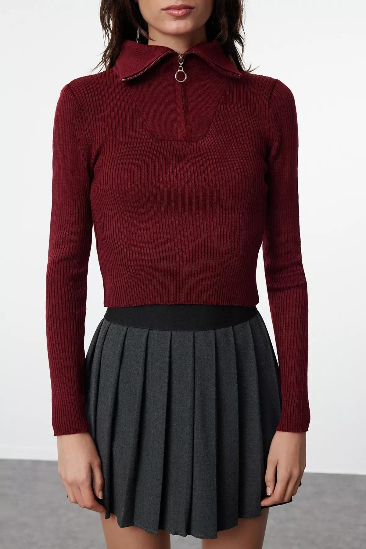 Red Crop Zipper Detailed Knitted Sweater, Burgundy, large image number 3