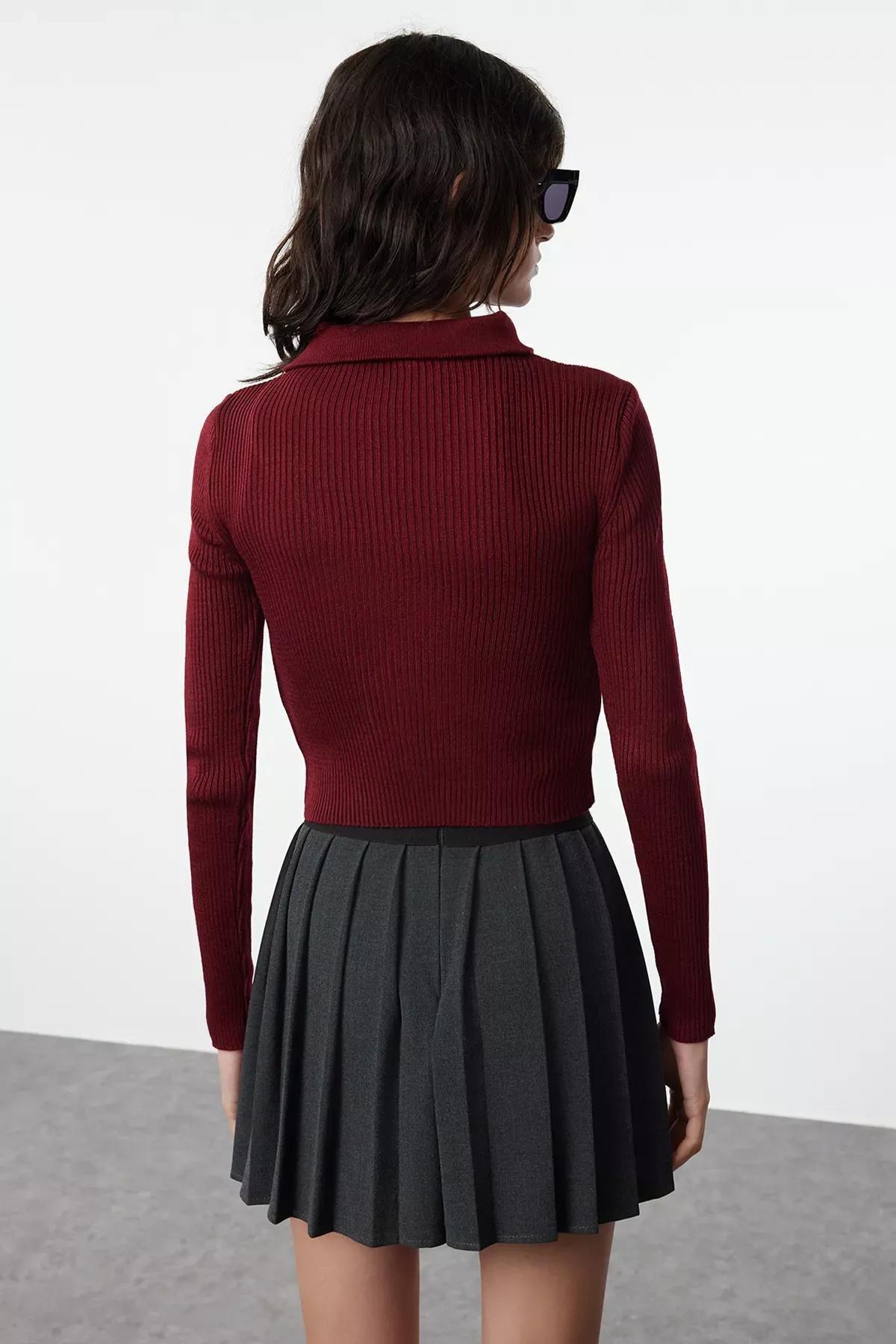 Red Crop Zipper Detailed Knitted Sweater, Burgundy, large image number 4
