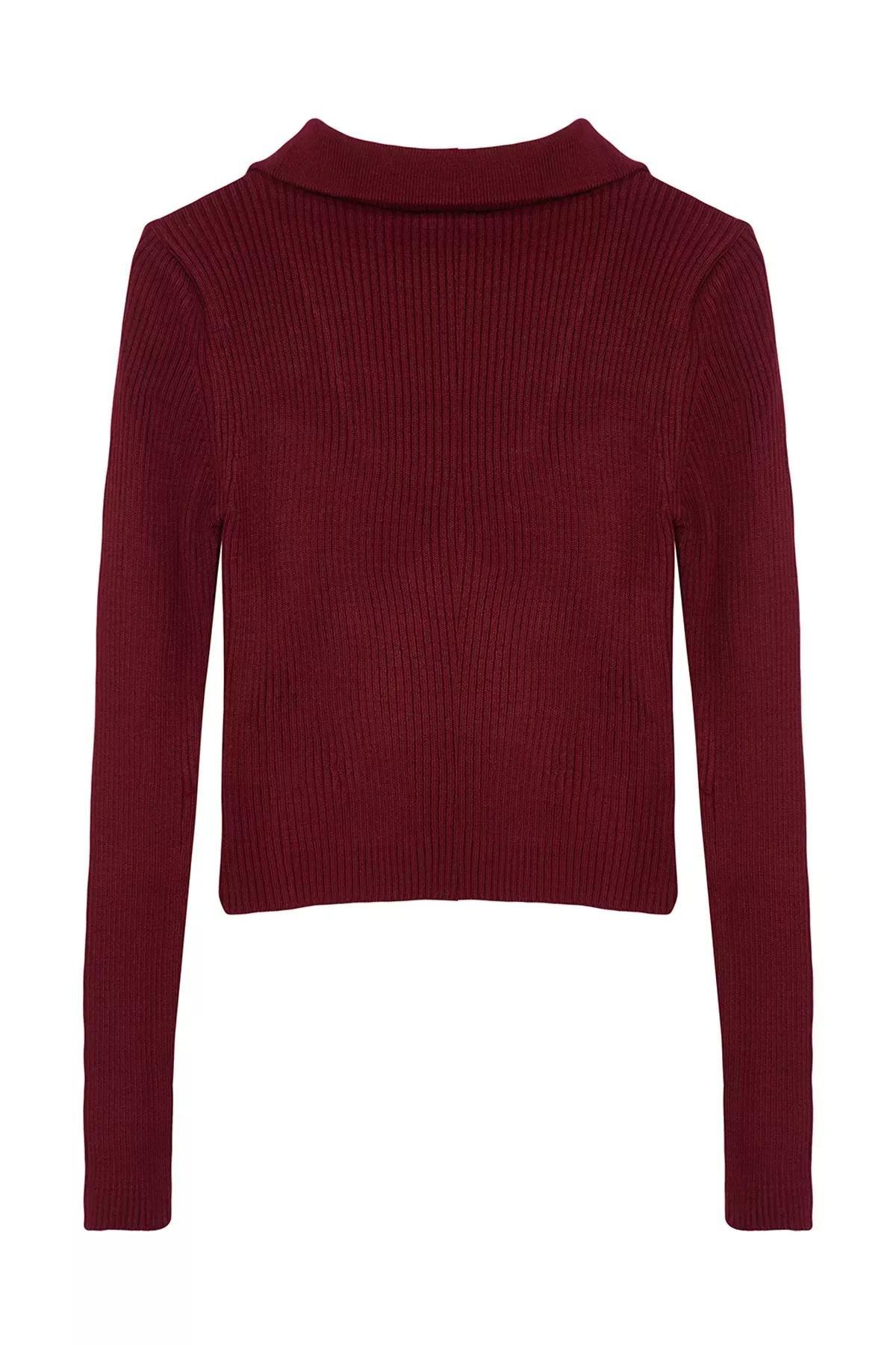 Red Crop Zipper Detailed Knitted Sweater, Burgundy, large image number 5