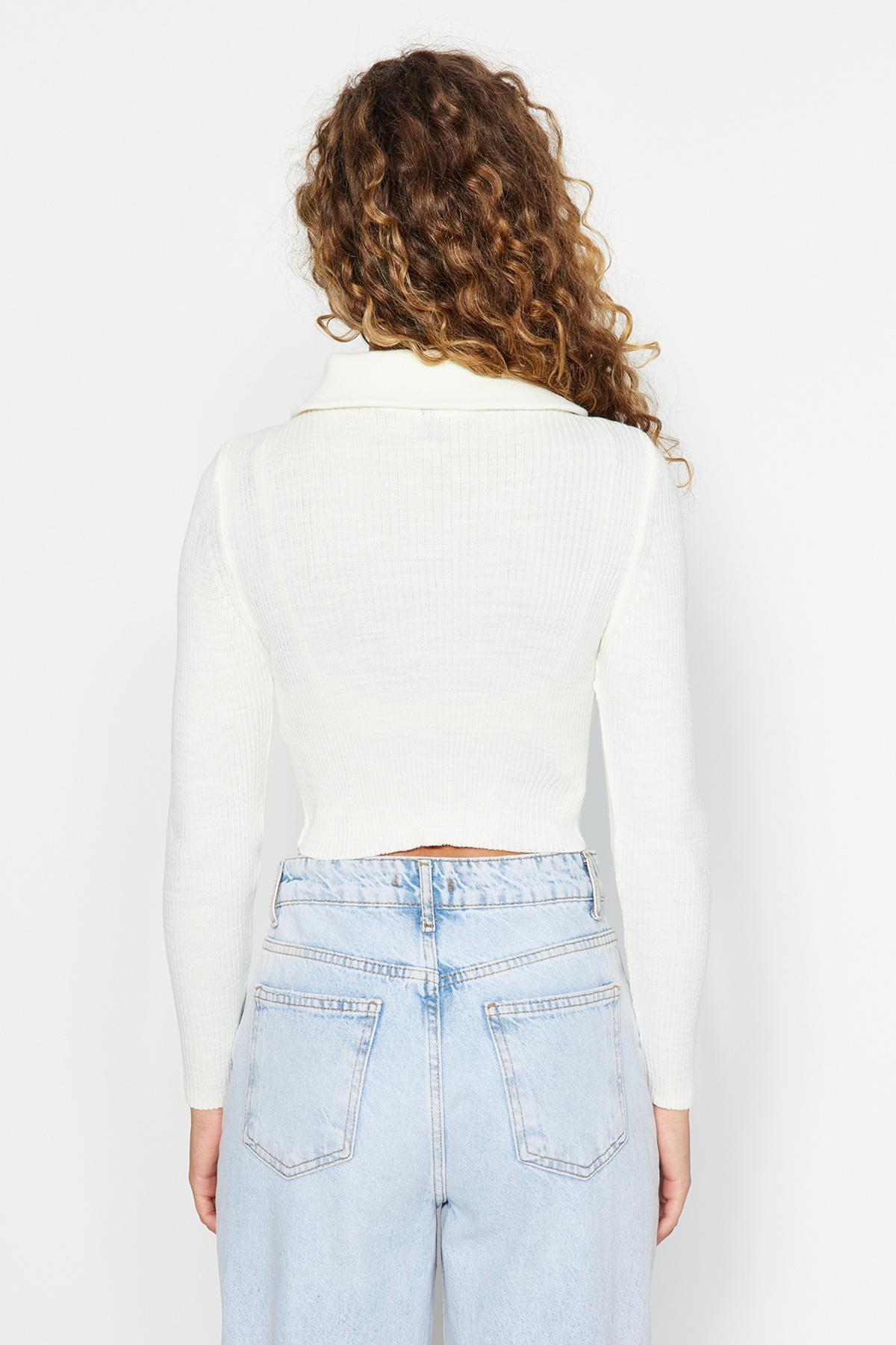 Cream Cropped Zippered Knitted Sweater, Ecru, large image number 4