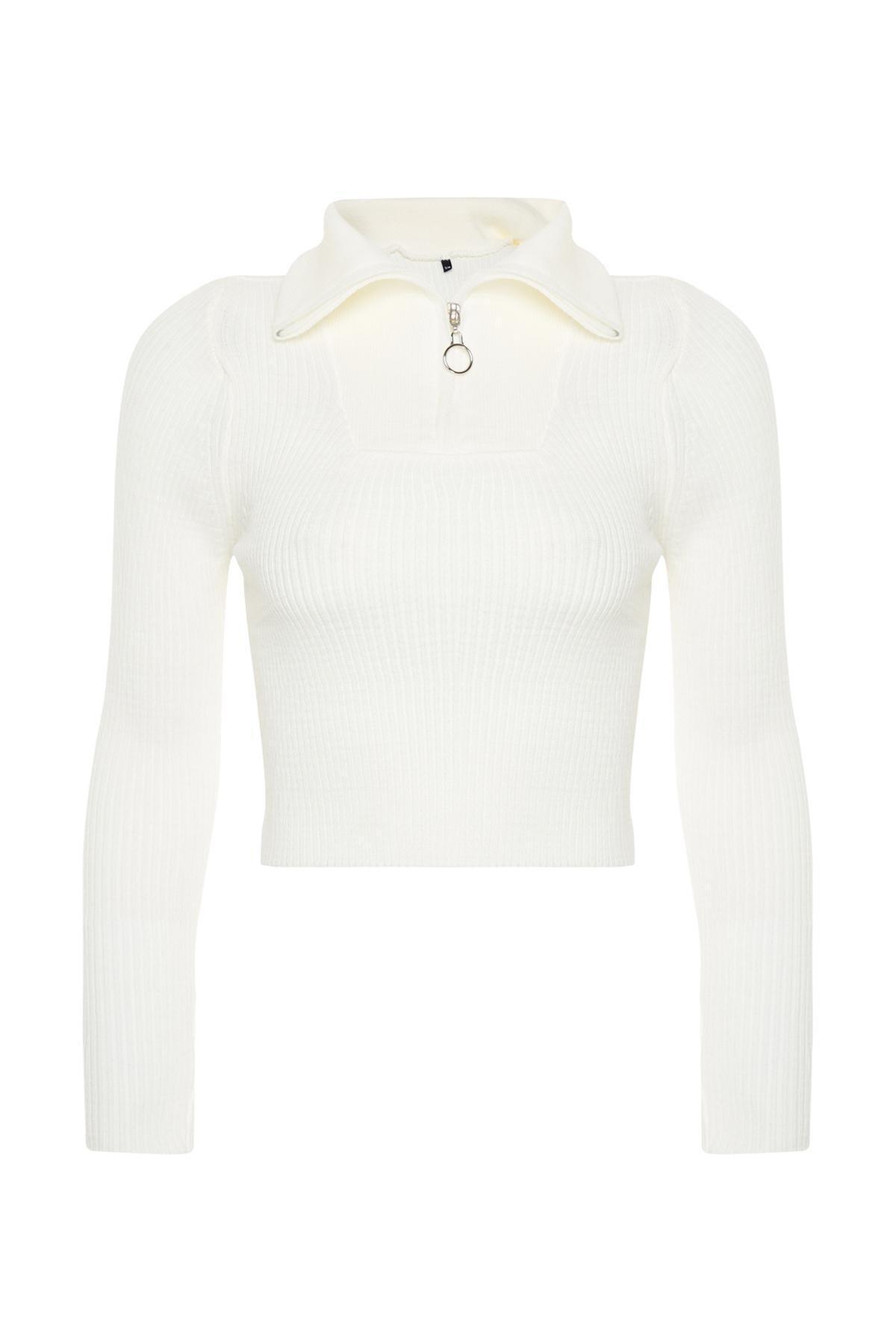Cream Cropped Zippered Knitted Sweater, Ecru, large image number 5