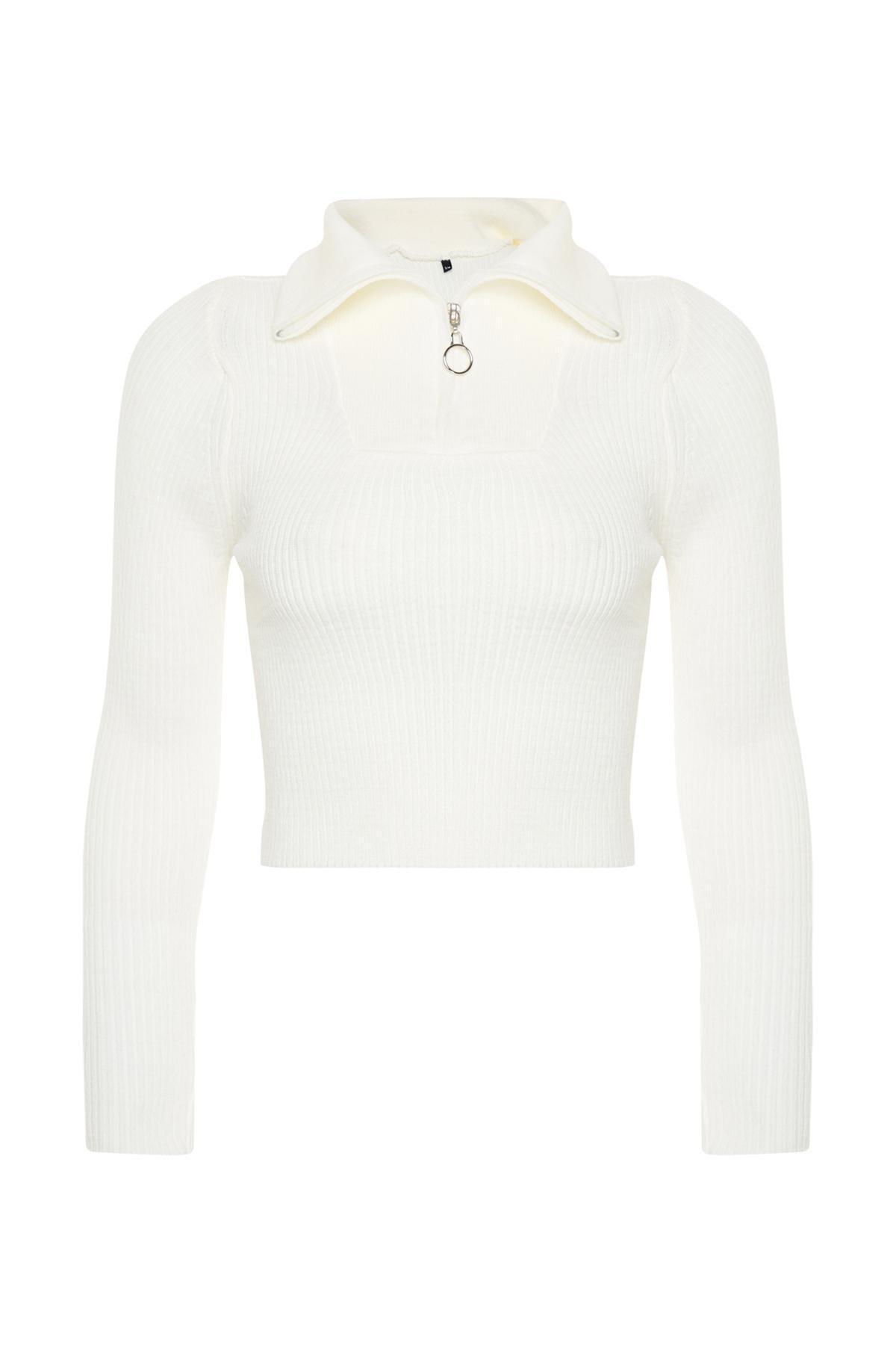 Trendyol - Cream Cropped Zippered Knitted Sweater