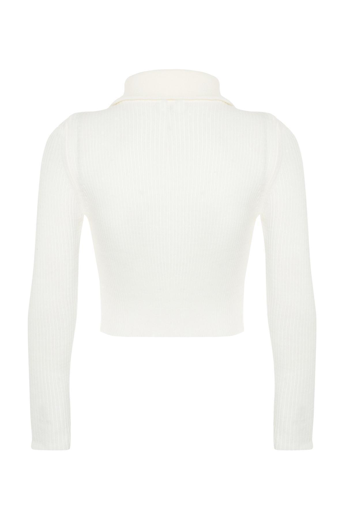 Cream Cropped Zippered Knitted Sweater, Ecru, large image number 7