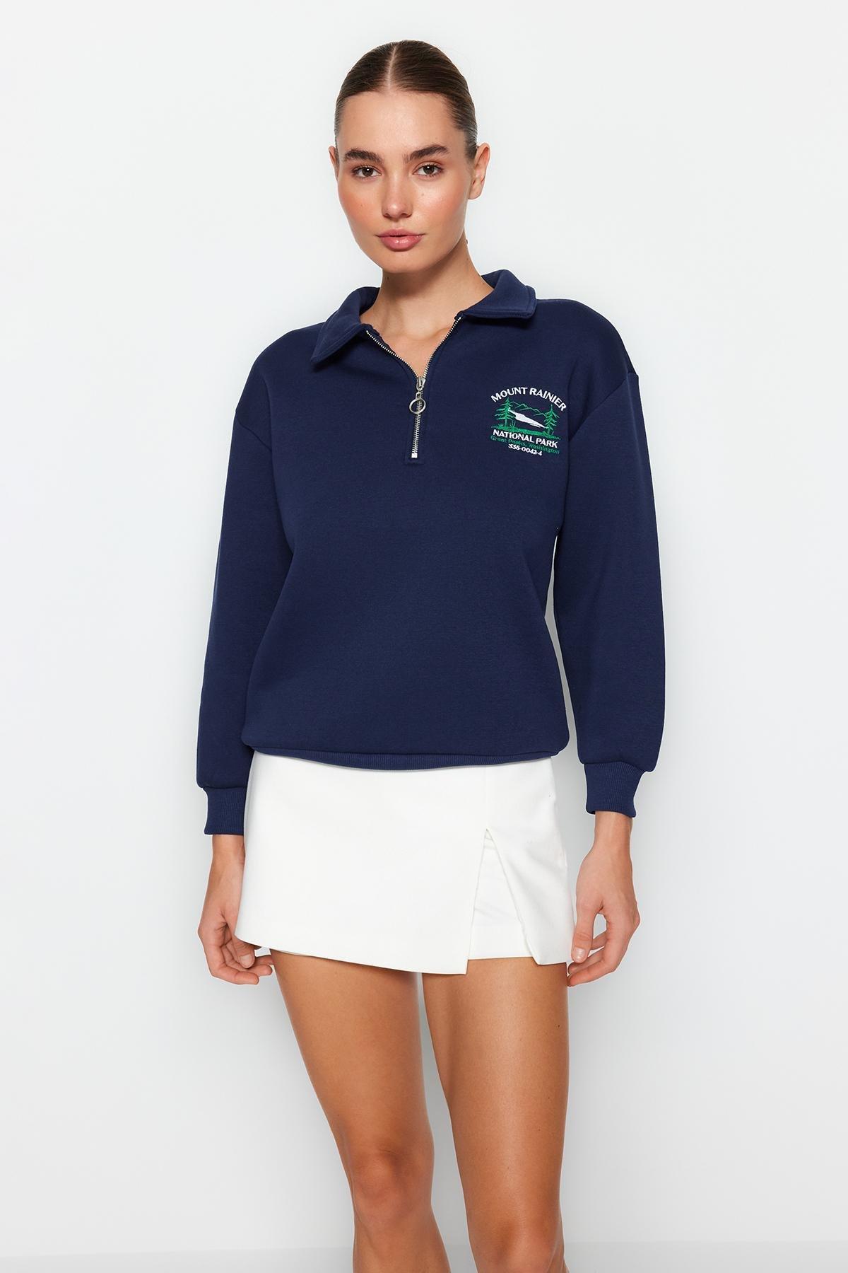 Navy Zipper Embroidered Knitted Sweatshirt, Navy blue, large image number 0