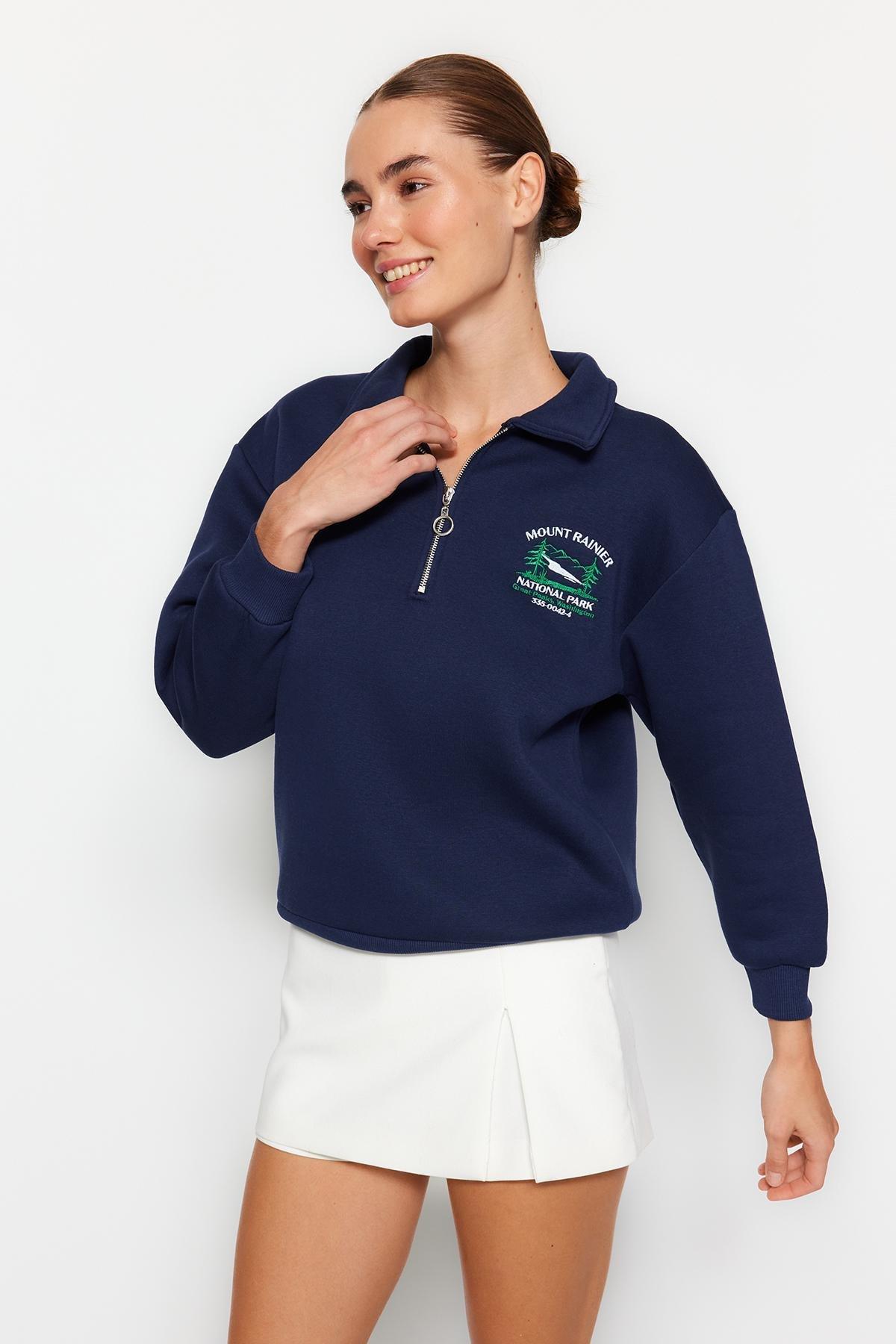 Navy Zipper Embroidered Knitted Sweatshirt, Navy blue, large image number 1