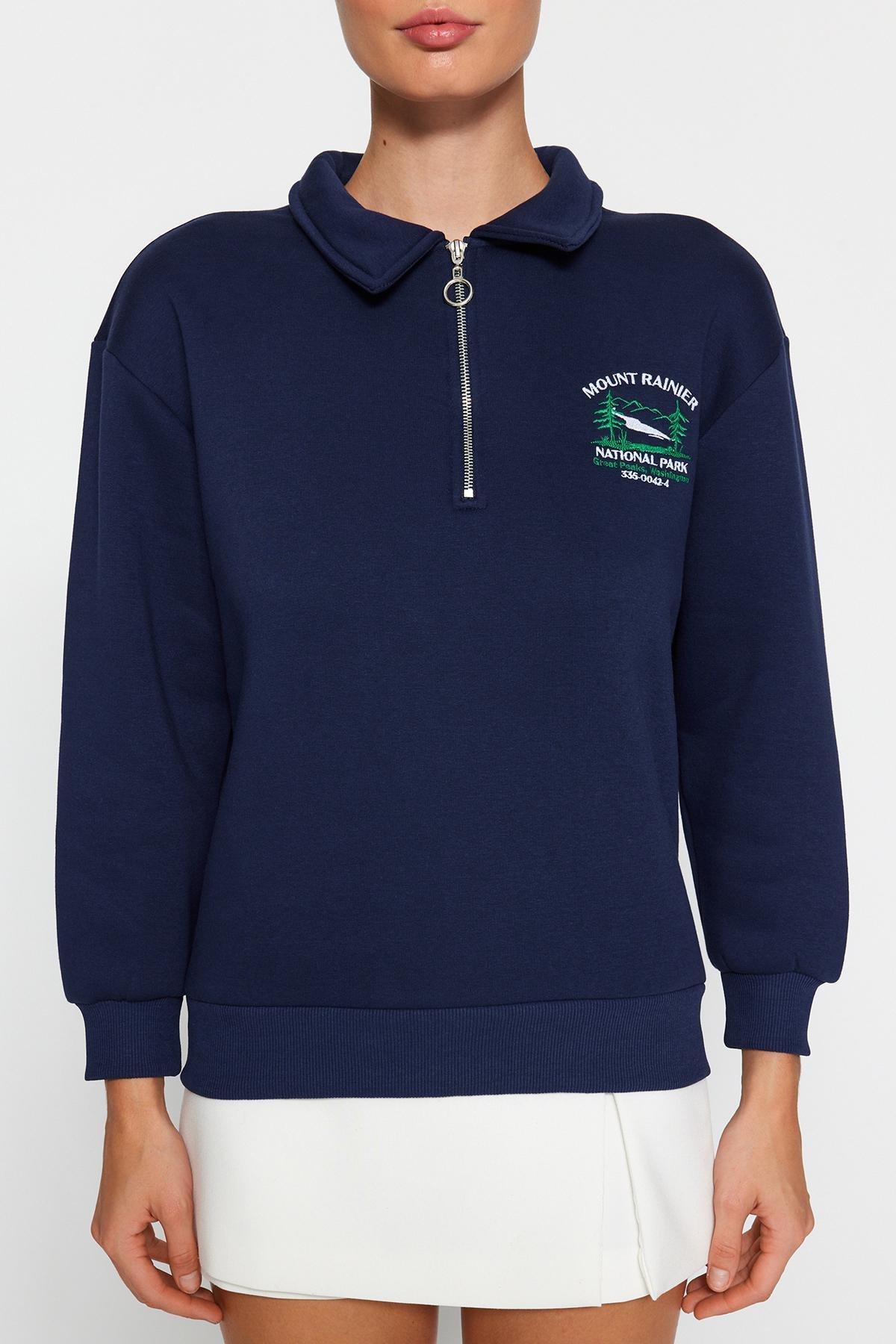 Navy Zipper Embroidered Knitted Sweatshirt, Navy blue, large image number 3