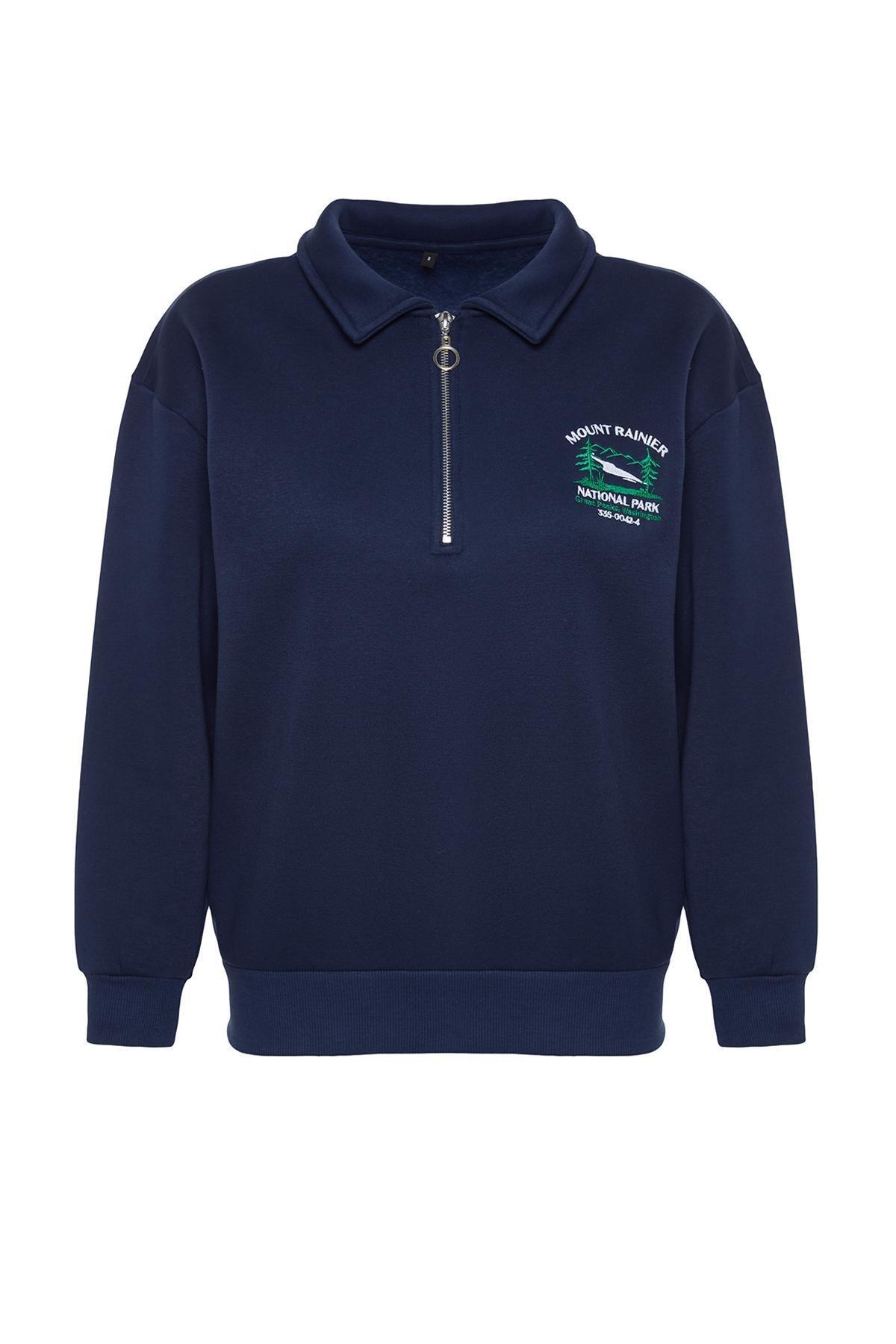 Navy Zipper Embroidered Knitted Sweatshirt, Navy blue, large image number 5