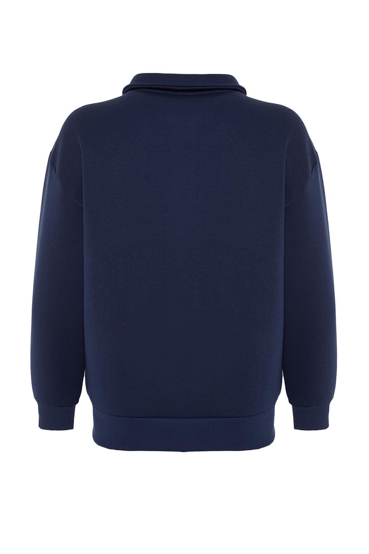 Navy Zipper Embroidered Knitted Sweatshirt, Navy blue, large image number 7