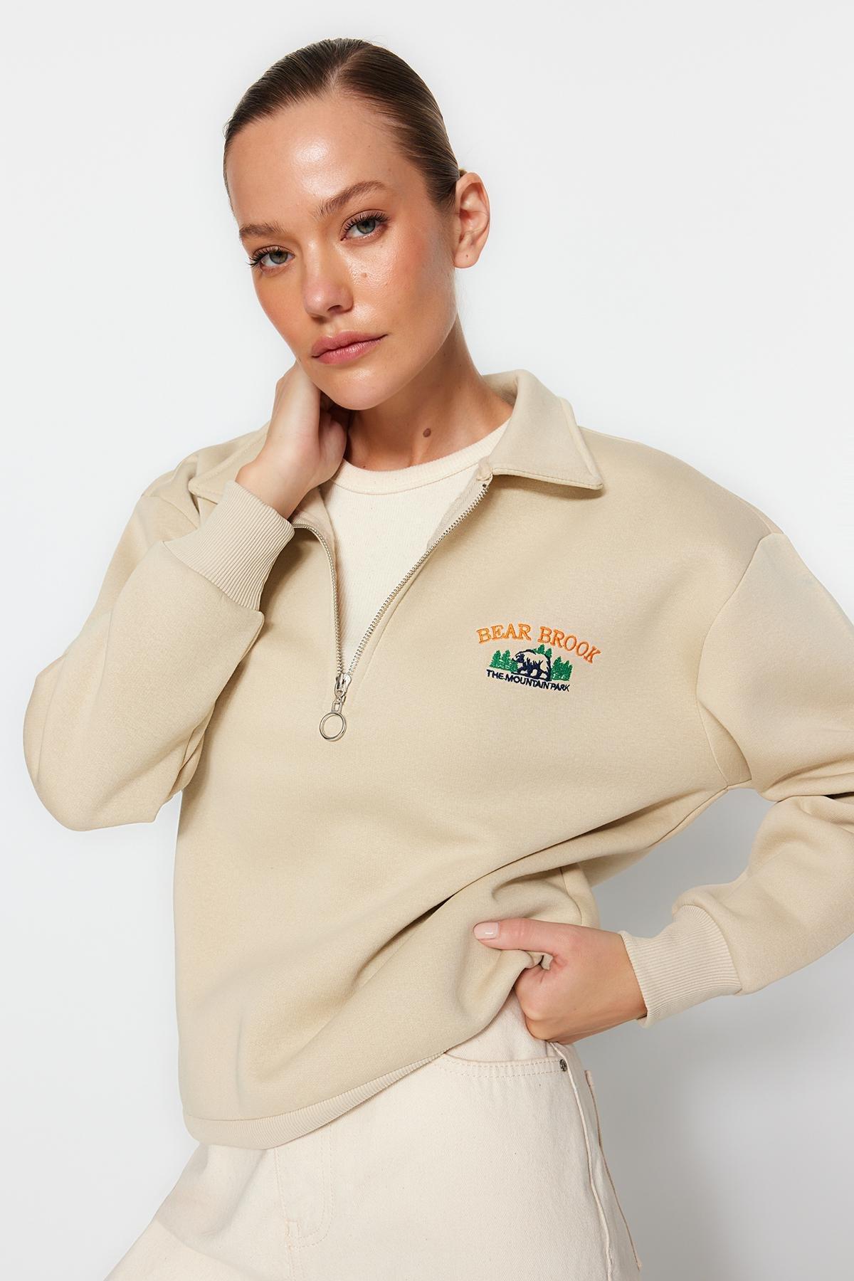 Beige Zipper Embroidered Knitted Sweatshirt, STONE, large image number 0