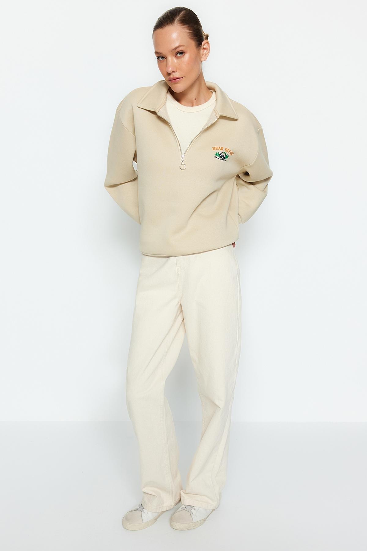 Beige Zipper Embroidered Knitted Sweatshirt, STONE, large image number 1