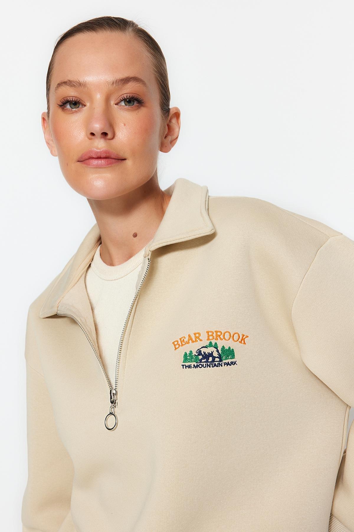 Beige Zipper Embroidered Knitted Sweatshirt, STONE, large image number 2