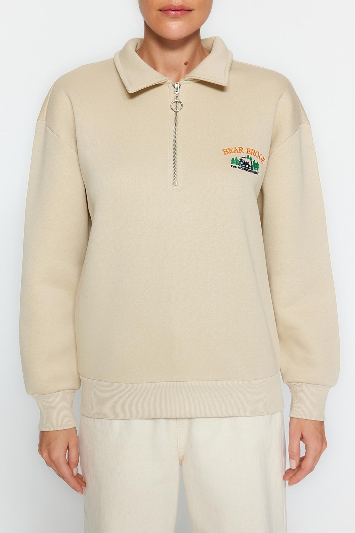 Beige Zipper Embroidered Knitted Sweatshirt, STONE, large image number 3