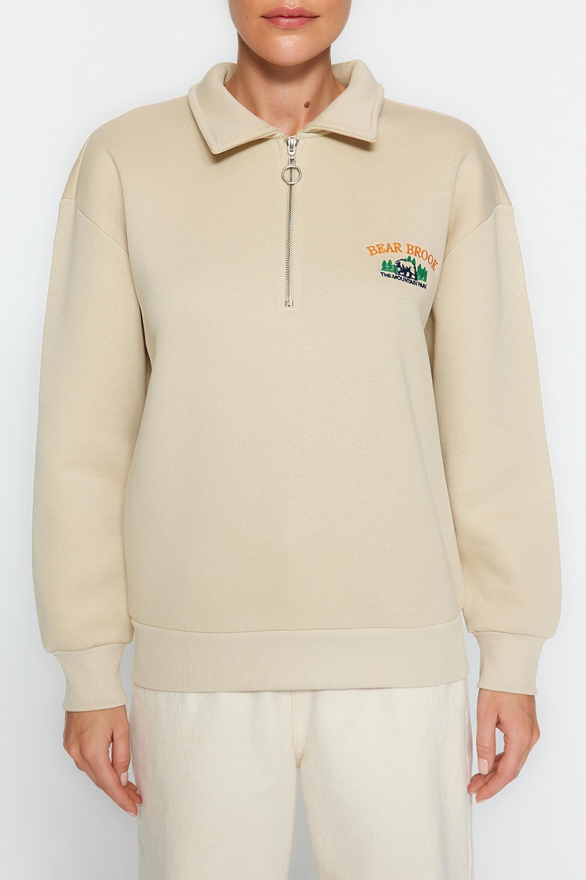 Trendyol - Beige Zipper Embroidered Knitted Sweatshirt