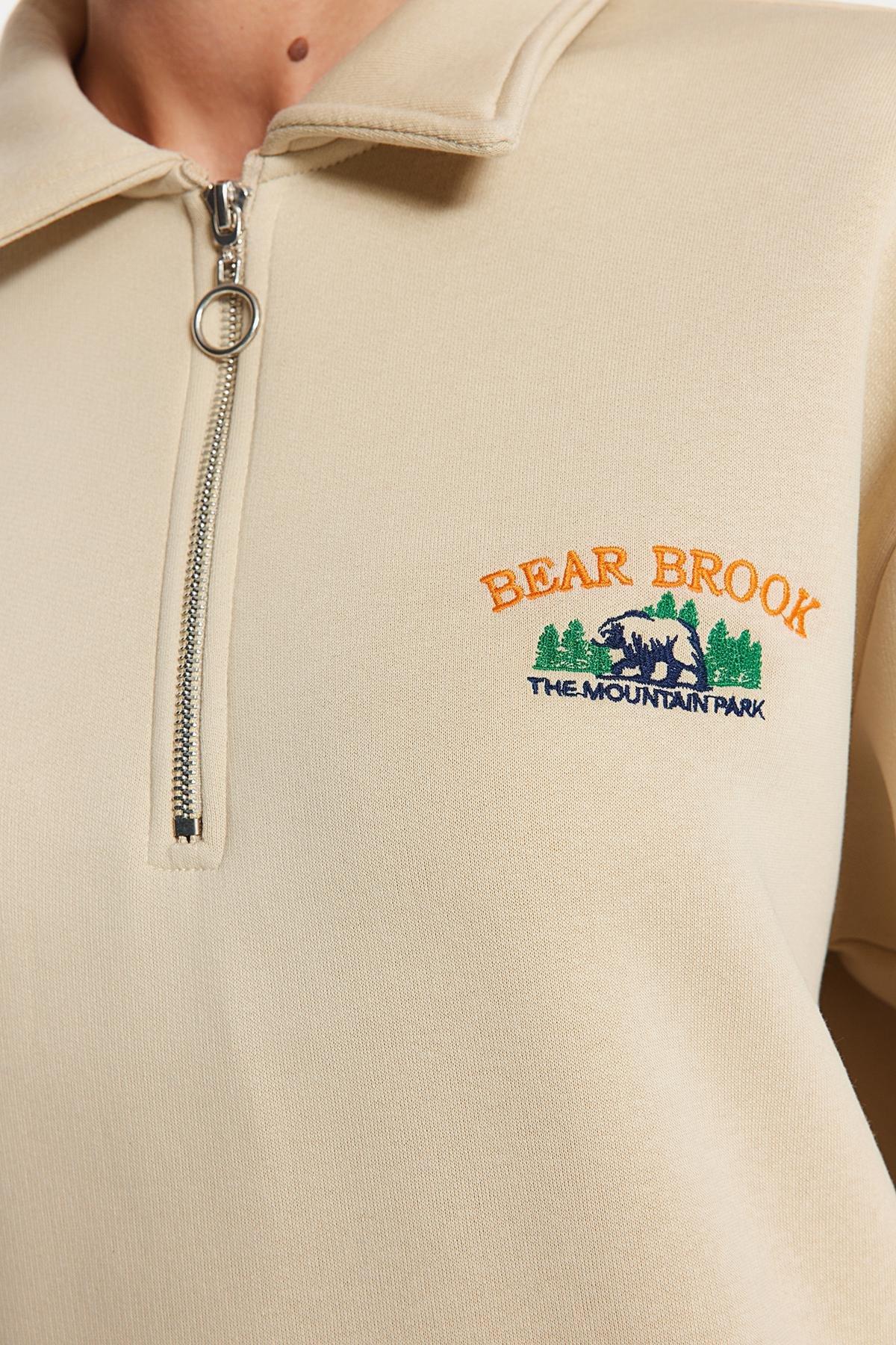 Beige Zipper Embroidered Knitted Sweatshirt, STONE, large image number 4