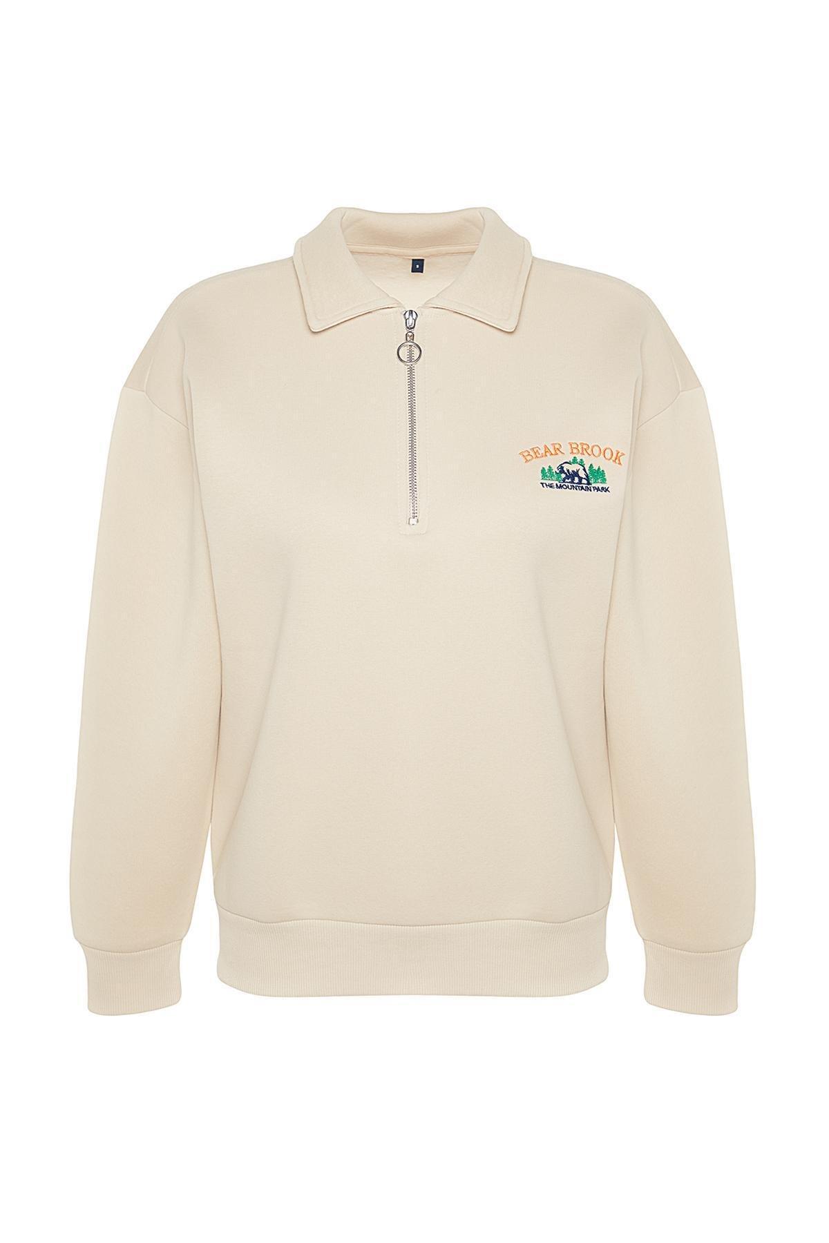 Beige Zipper Embroidered Knitted Sweatshirt, STONE, large image number 5