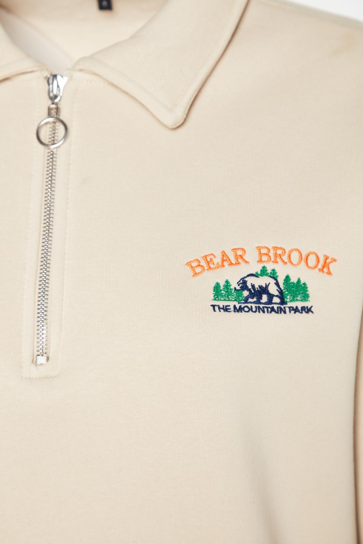 Beige Zipper Embroidered Knitted Sweatshirt, STONE, large image number 6