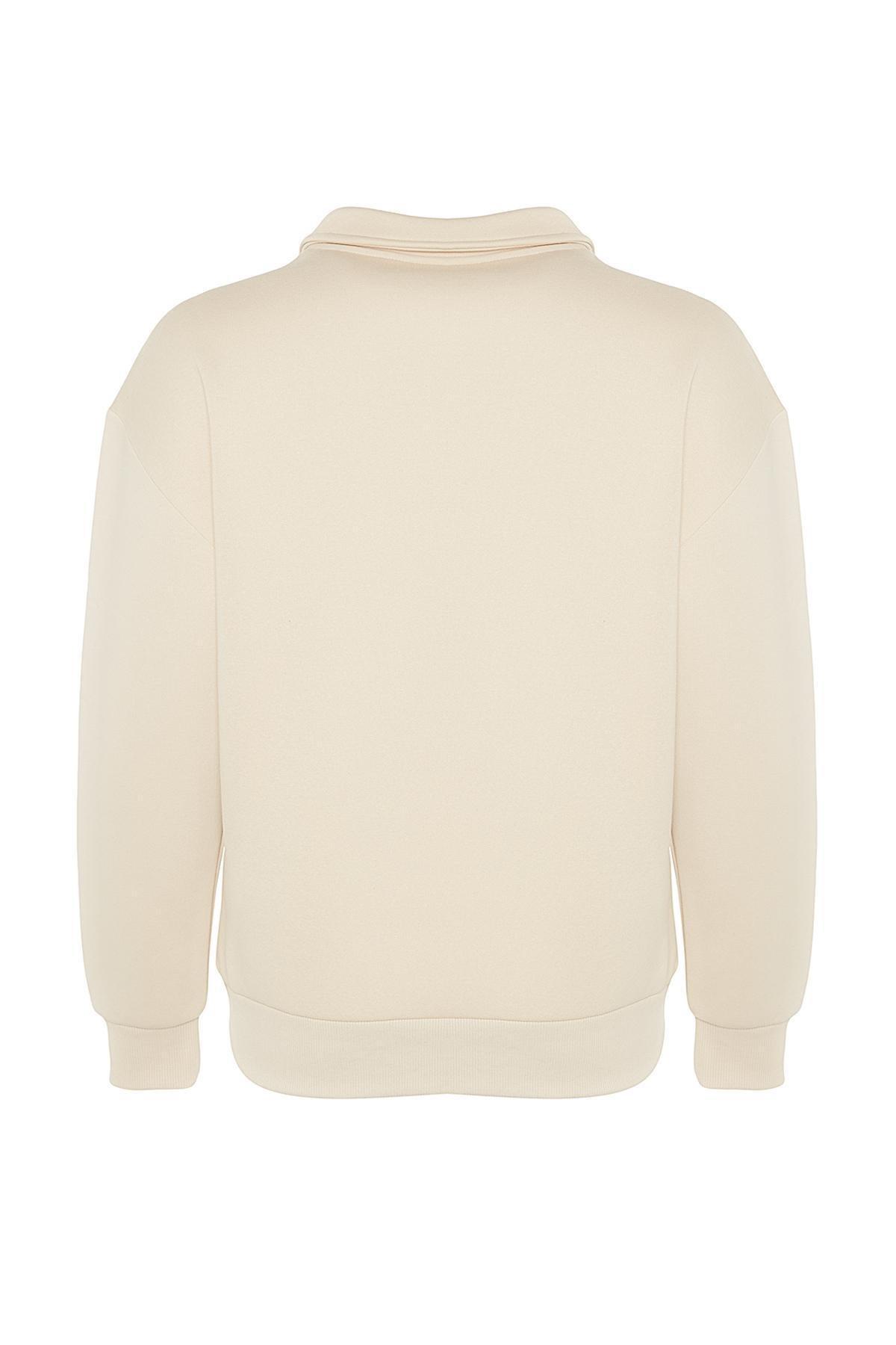 Beige Zipper Embroidered Knitted Sweatshirt, STONE, large image number 7