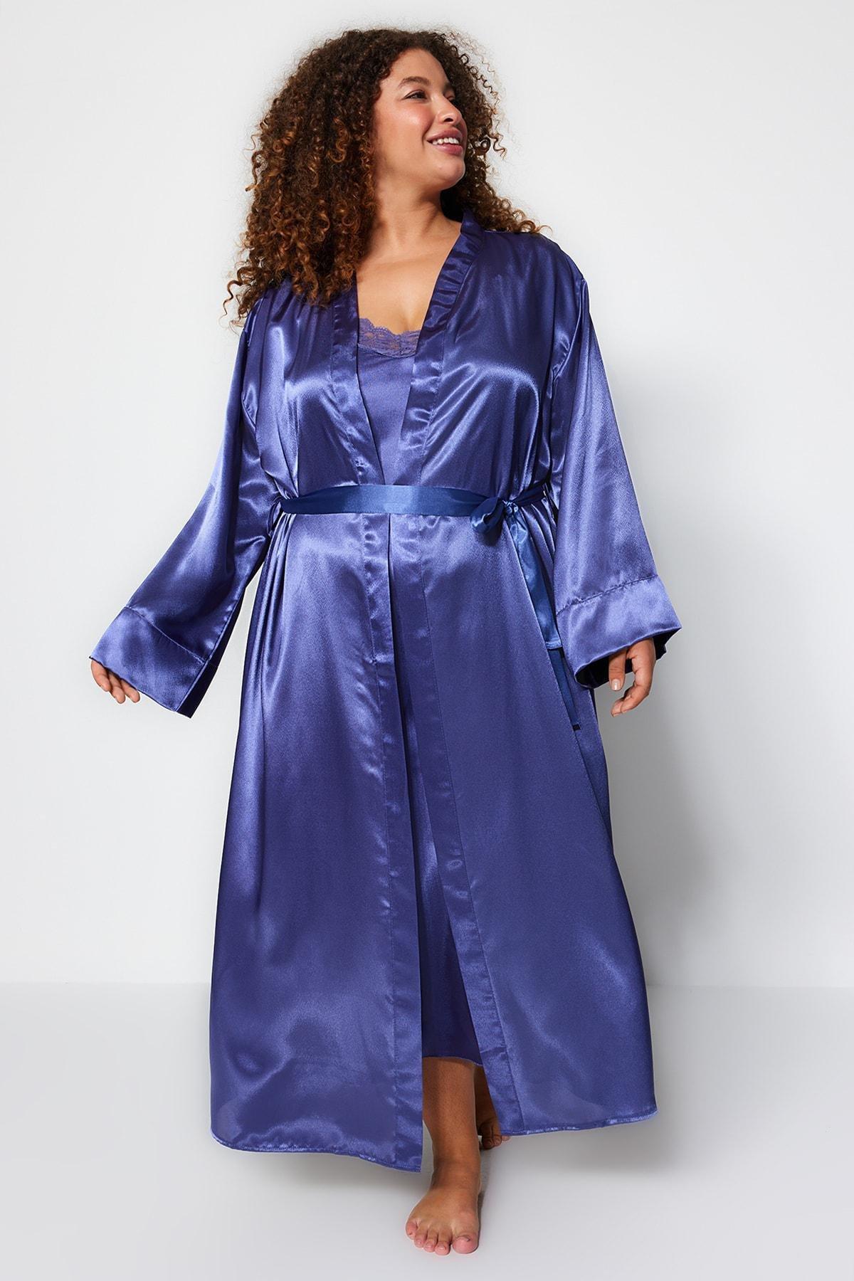Trendyol - Blue Weave Belted Satin Robe