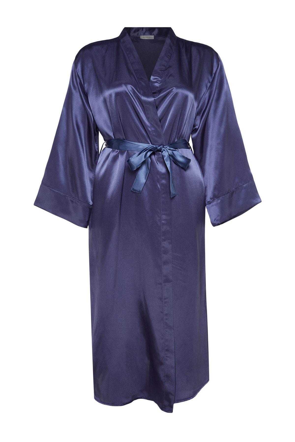 Trendyol - Blue Weave Belted Satin Robe