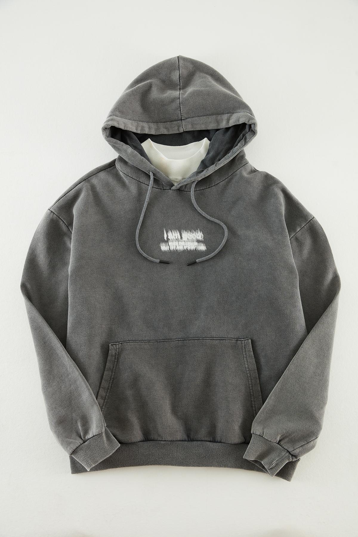 Grey Washed Printed Back Hoodie, , medium