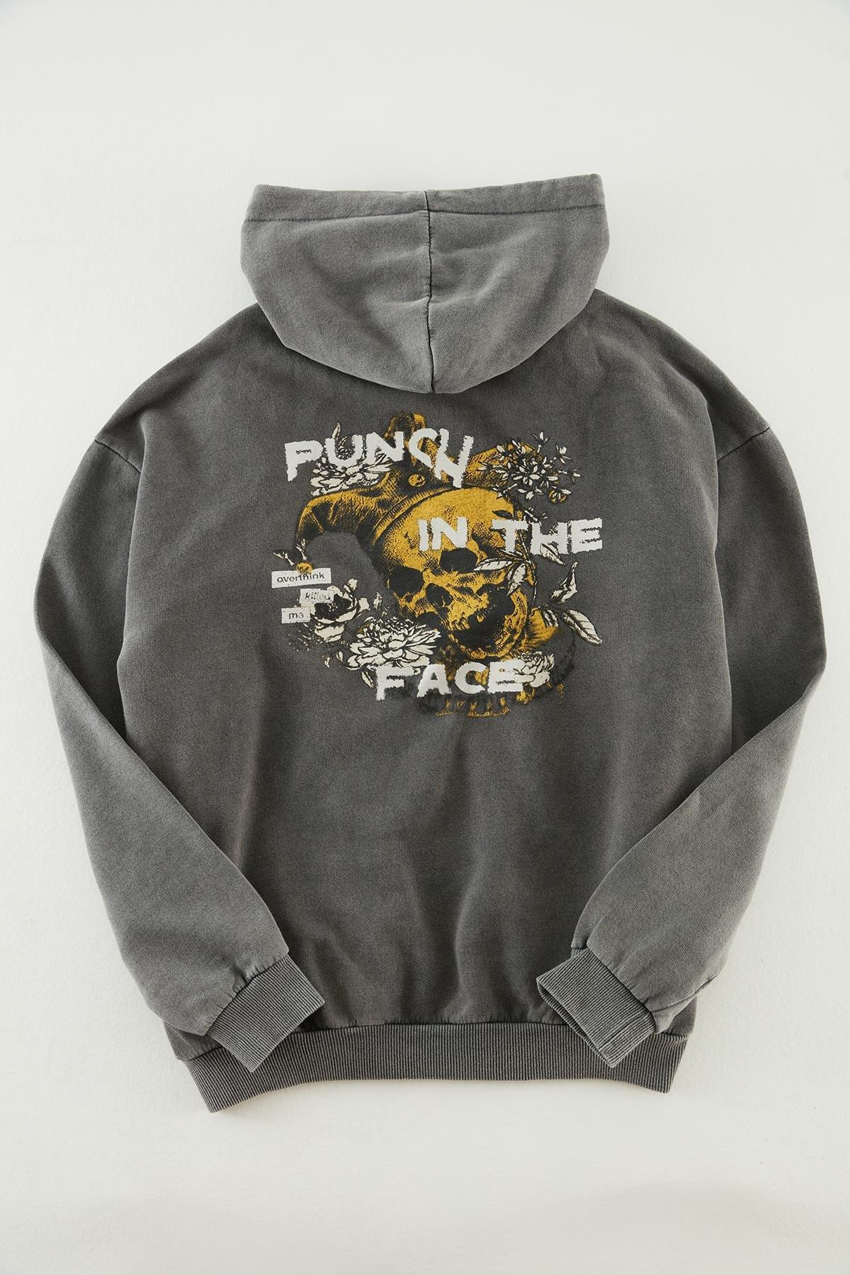 Grey Washed Printed Back Hoodie, , large image number 1