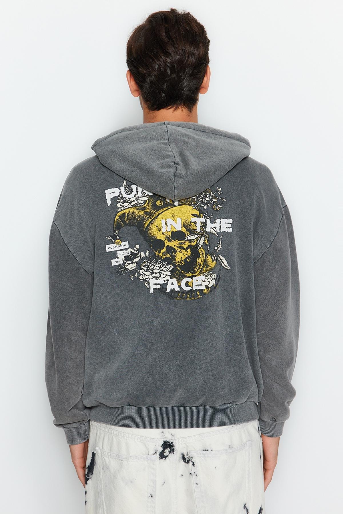 Grey Washed Printed Back Hoodie, , large image number 2