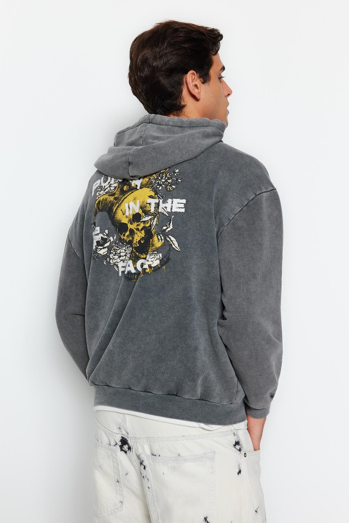 Grey Washed Printed Back Hoodie, , large image number 4