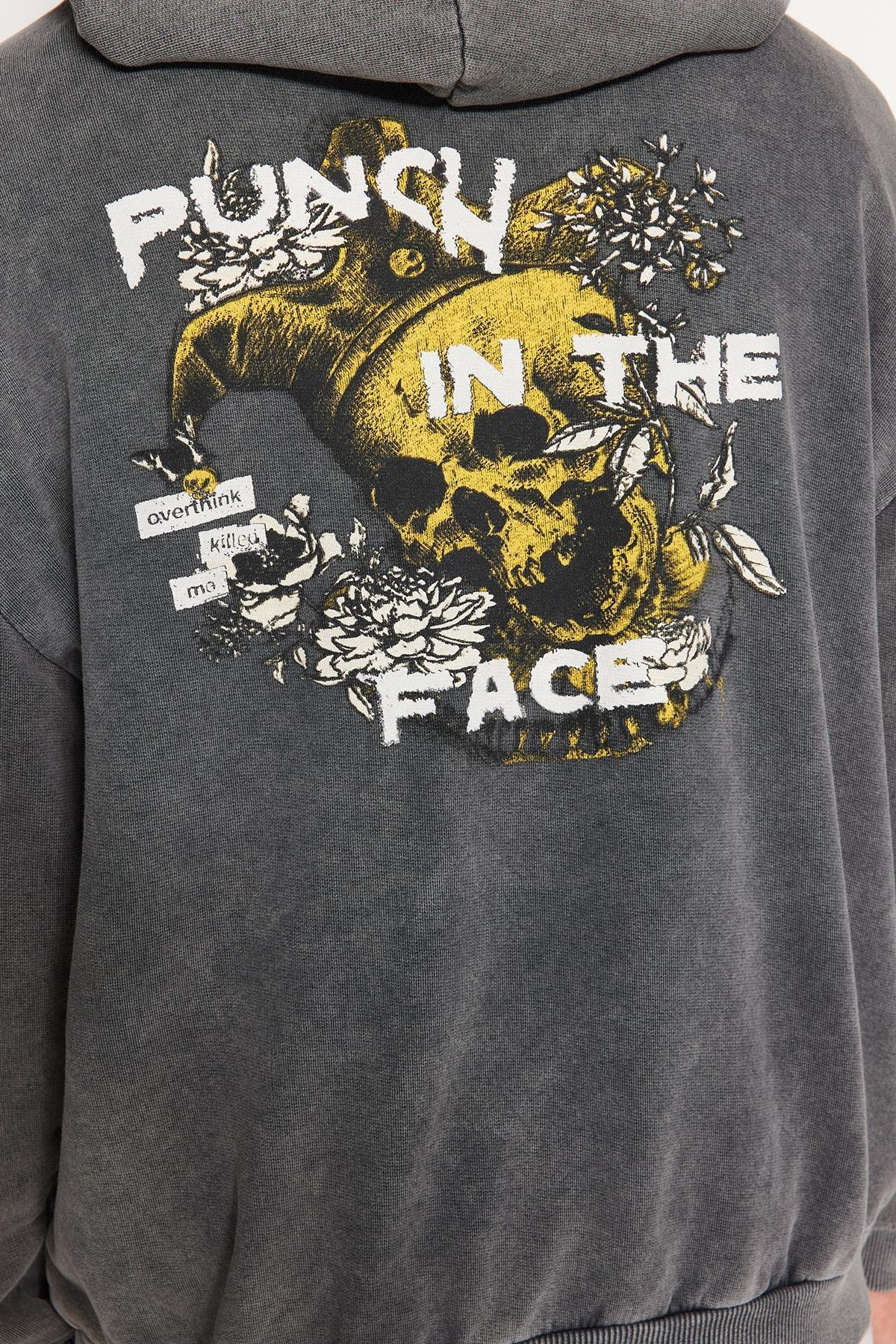 Grey Washed Printed Back Hoodie, , large image number 6
