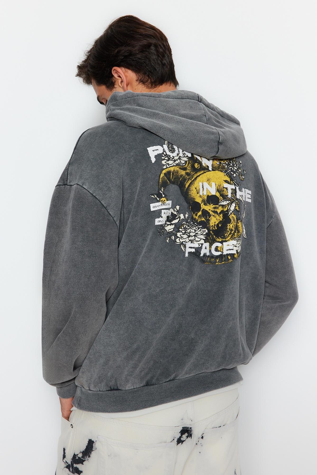 Grey Washed Printed Back Hoodie, , large image number 7