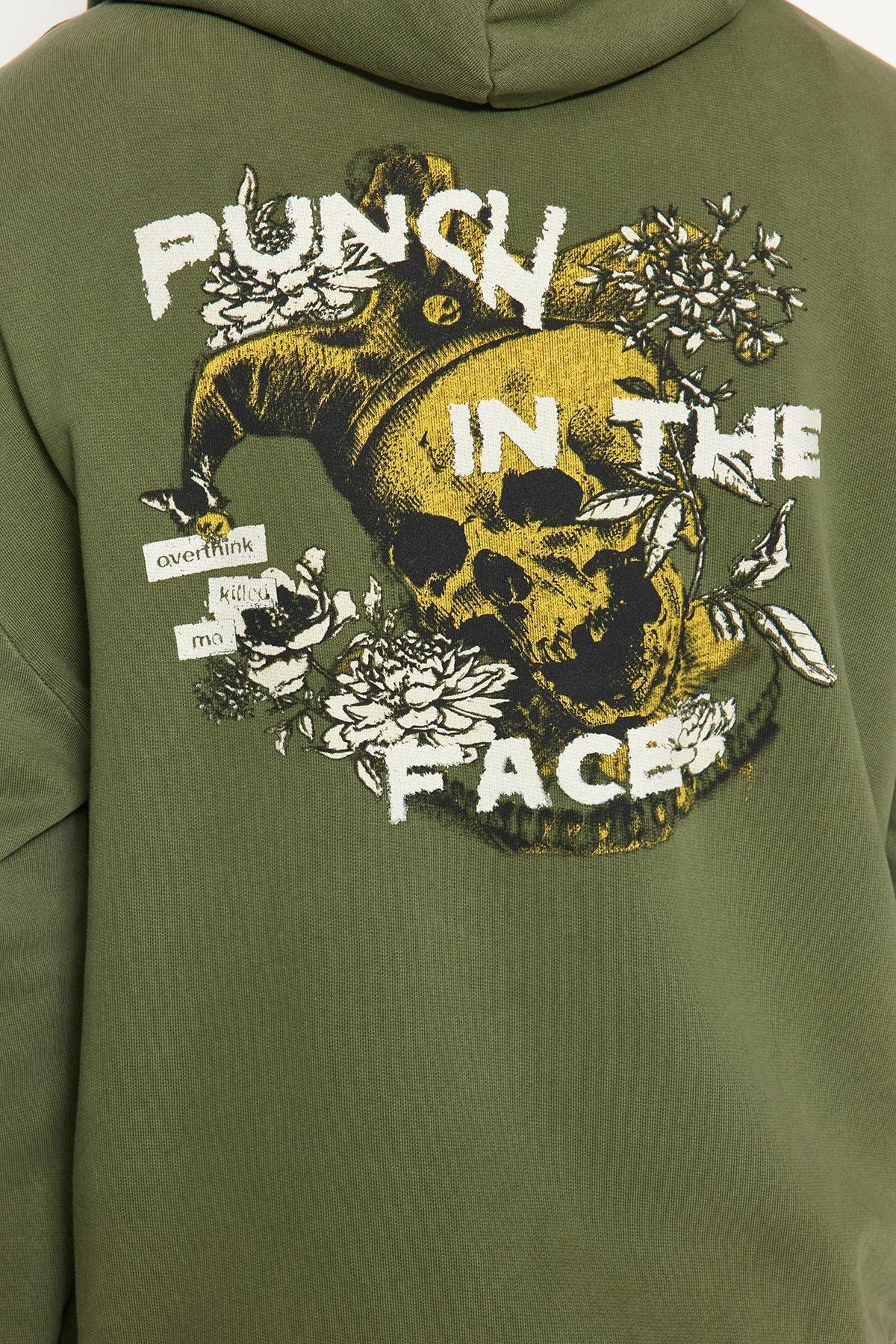 Trendyol - Khaki Washed Printed Back Hoodie