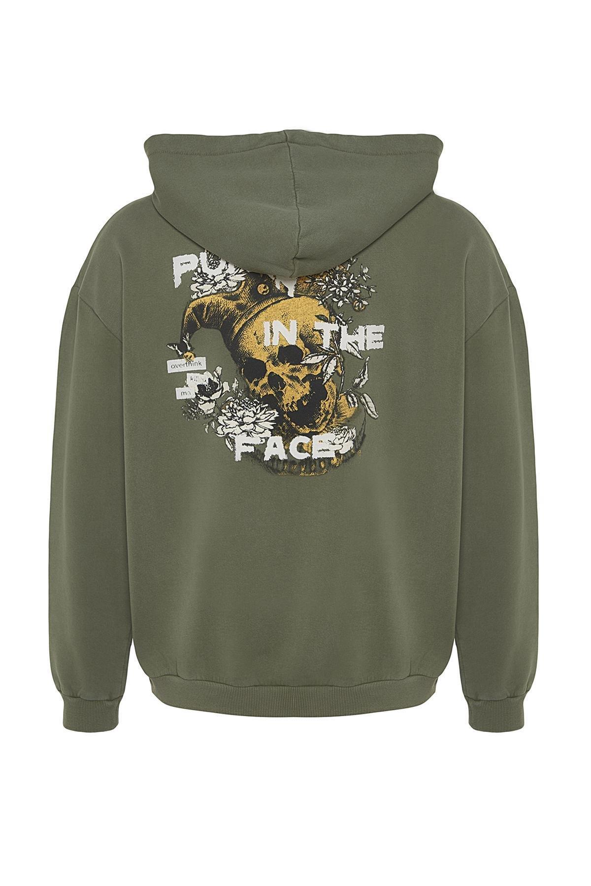 Trendyol - Khaki Washed Printed Back Hoodie