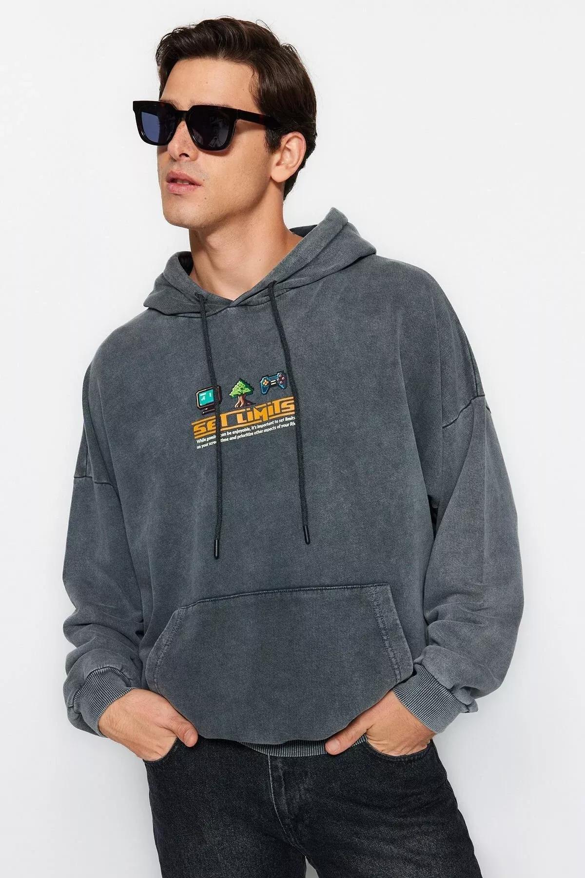 Grey Wide Printed Sweatshirt, , large image number 5