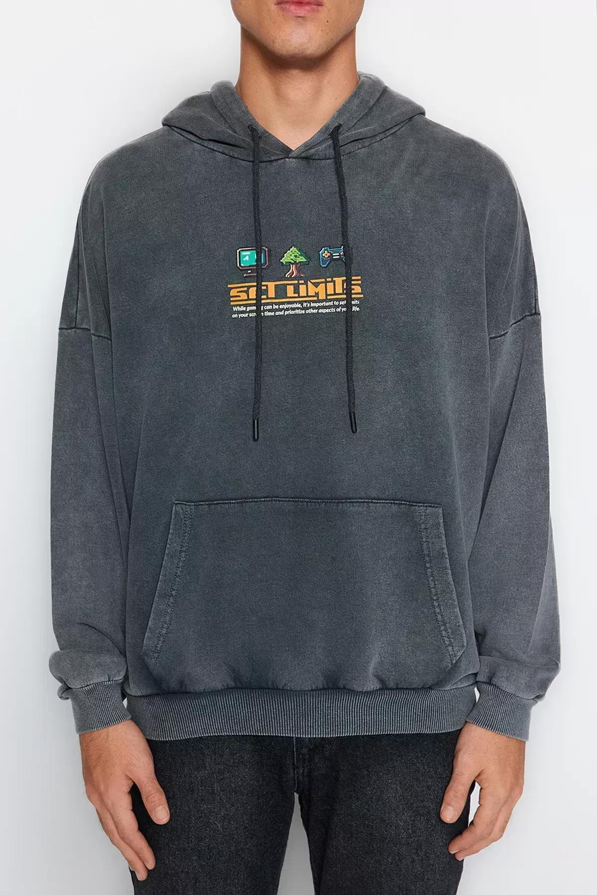 Grey Wide Printed Sweatshirt, , large image number 6