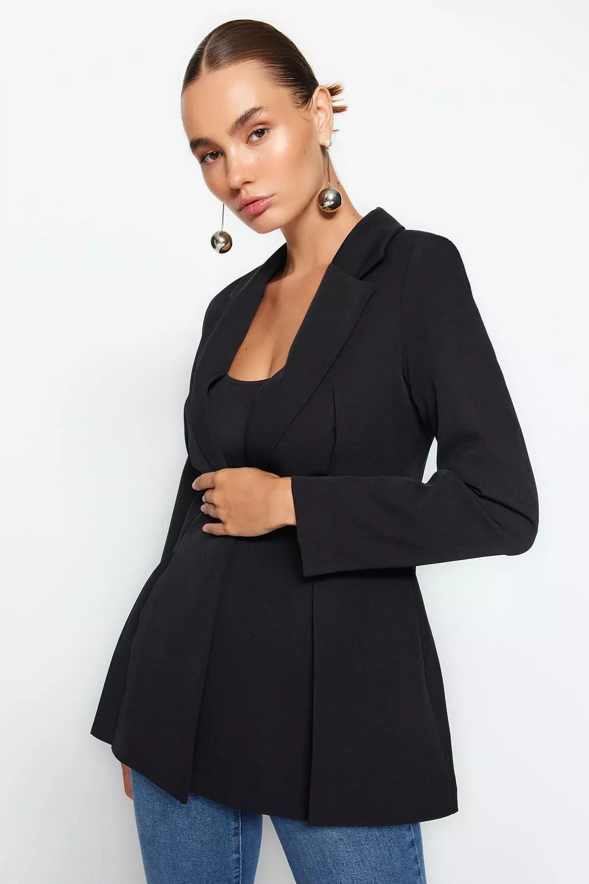 Black Lined Woven Blazer, , large image number 1