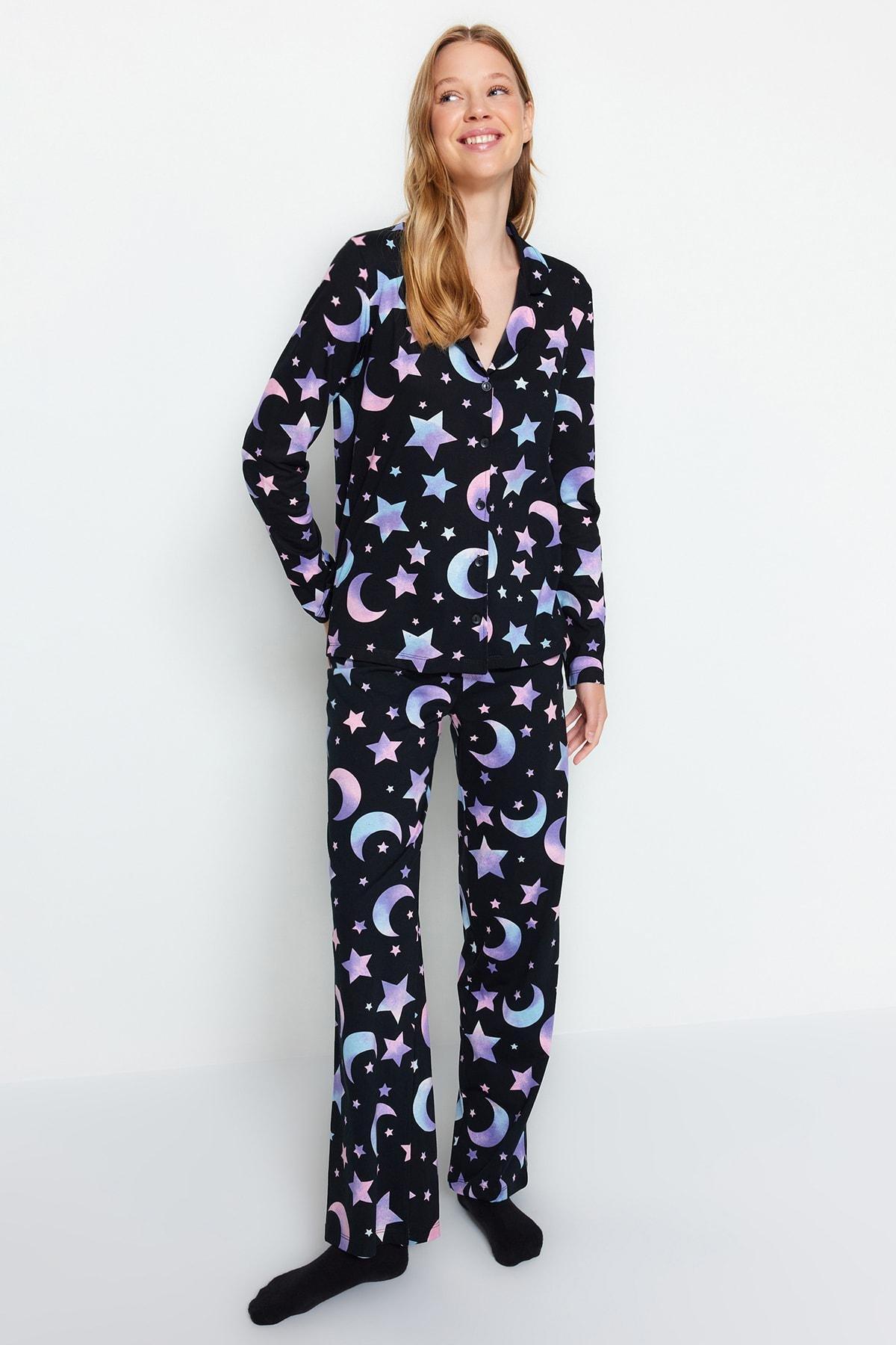 Black Cotton Galaxy Printed Pyjamas Set, , large image number 0