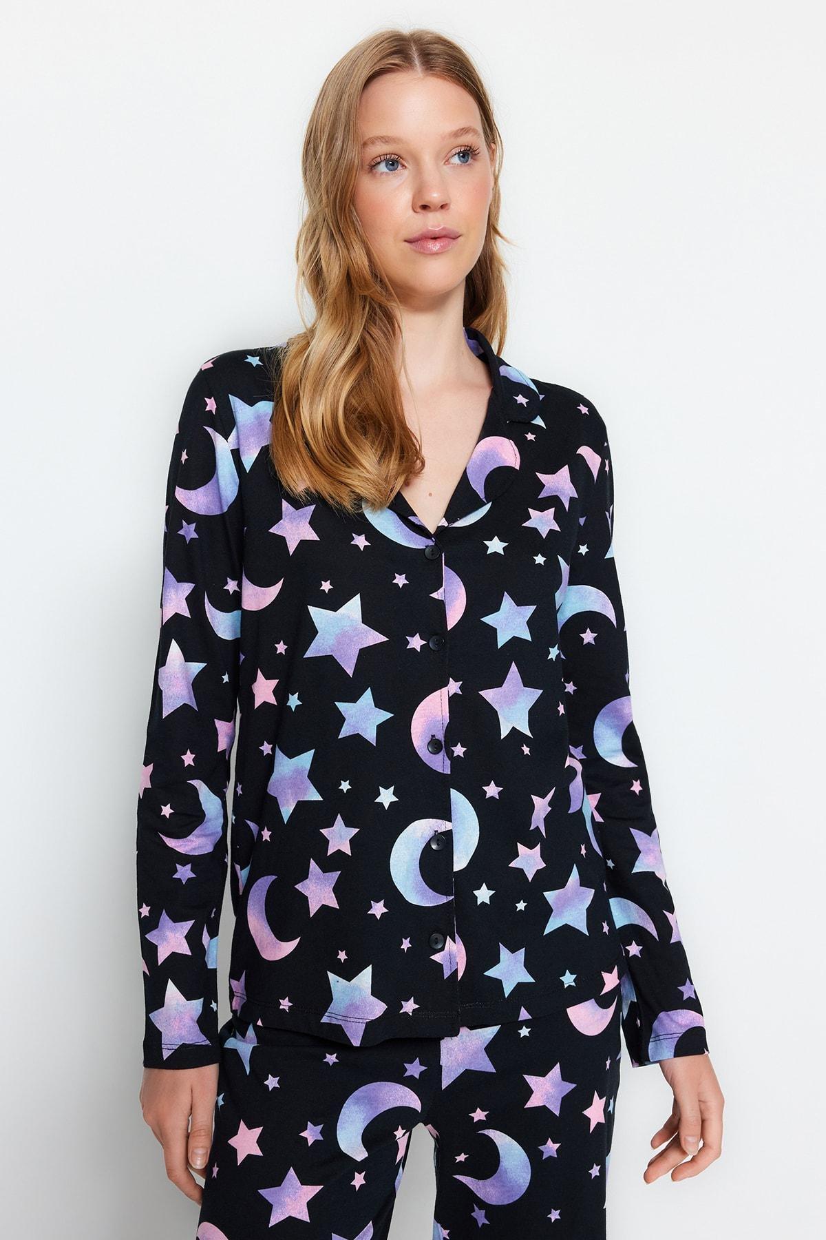 Black Cotton Galaxy Printed Pyjamas Set, , large image number 1