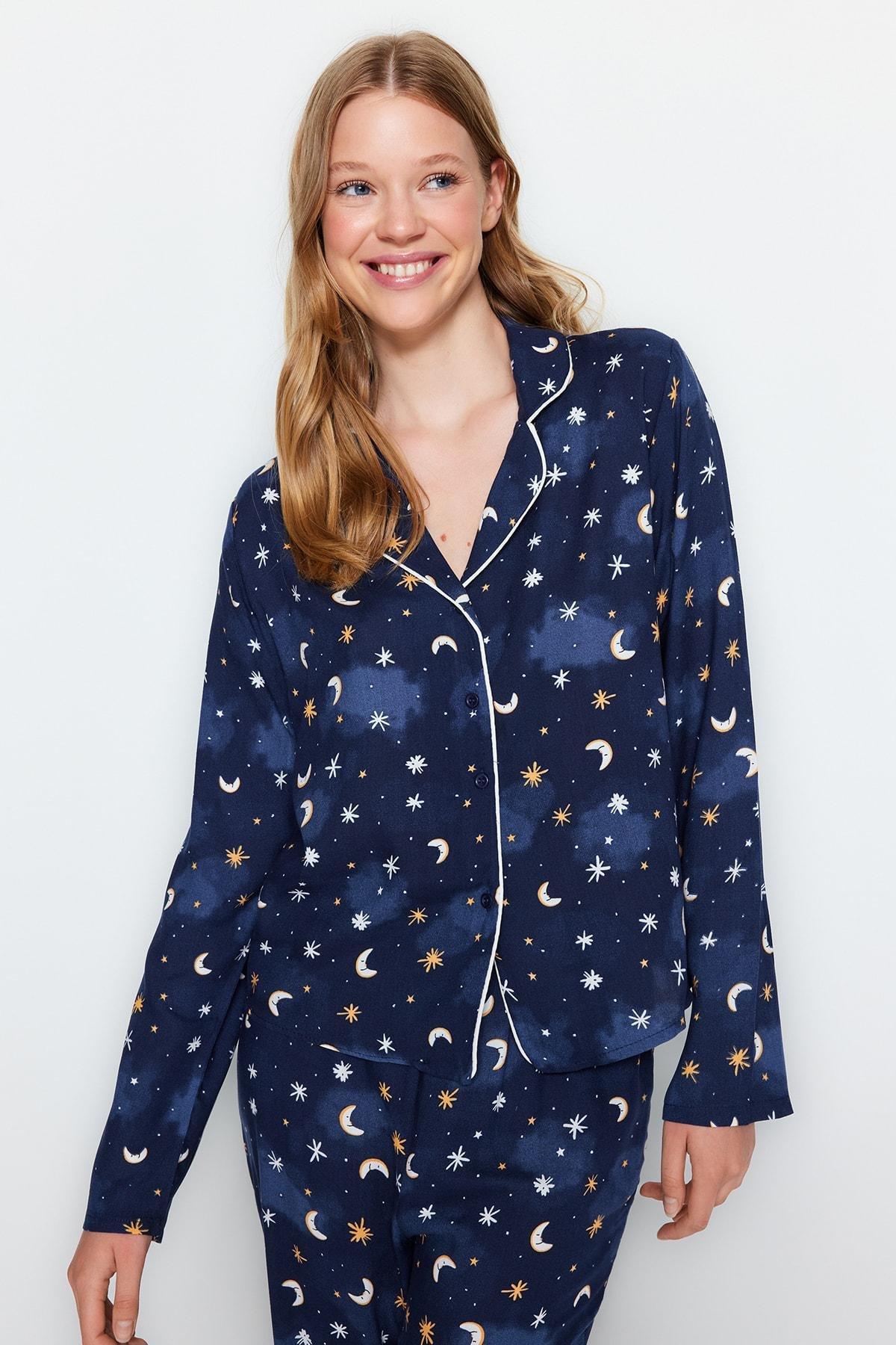 Blue Galaxy Patterned Woven Pyjamas Set, , large image number 1