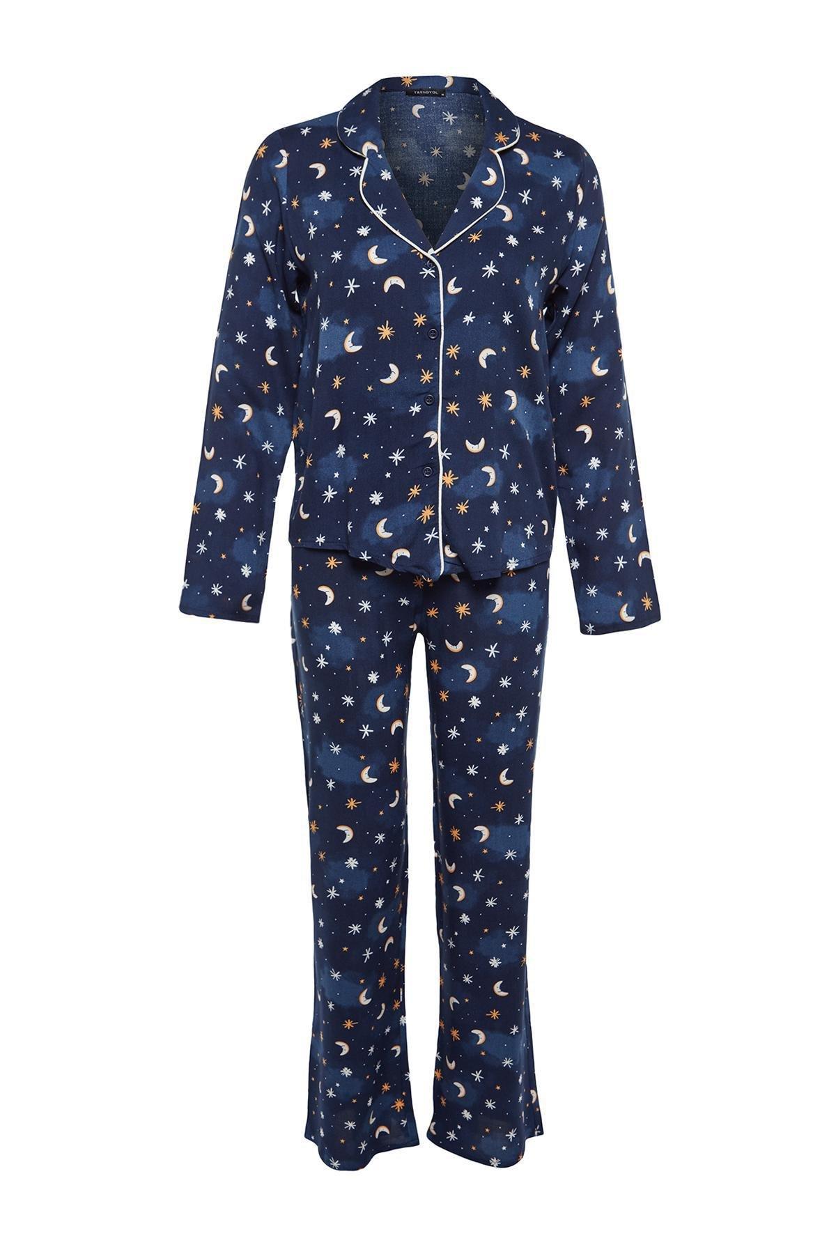Blue Galaxy Patterned Woven Pyjamas Set, , large image number 7