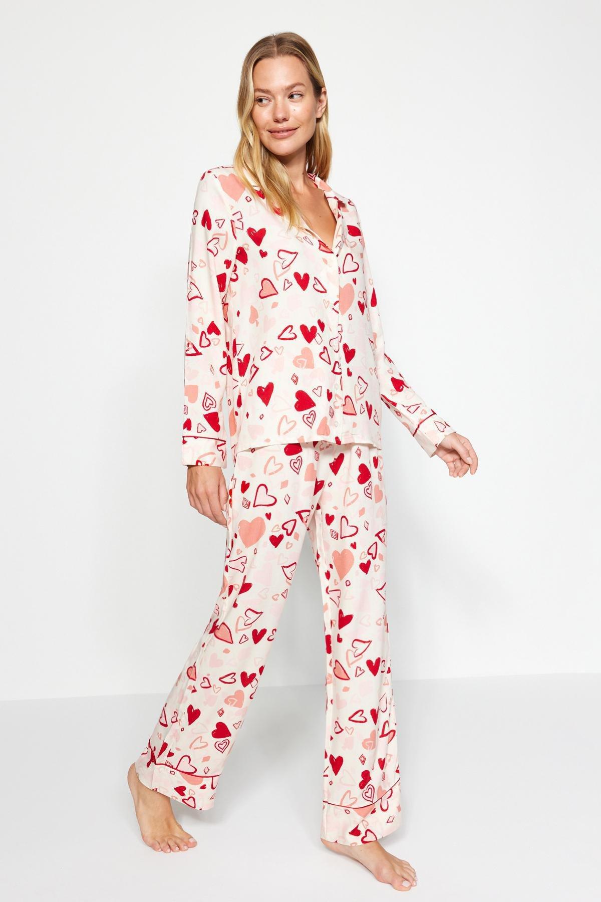 Multicolored Heart Pile Detailed Viscose Shirt-Pants Woven Pajamas Set THMAW24PT00091., 2 pcs, C101_1704, large image number 0