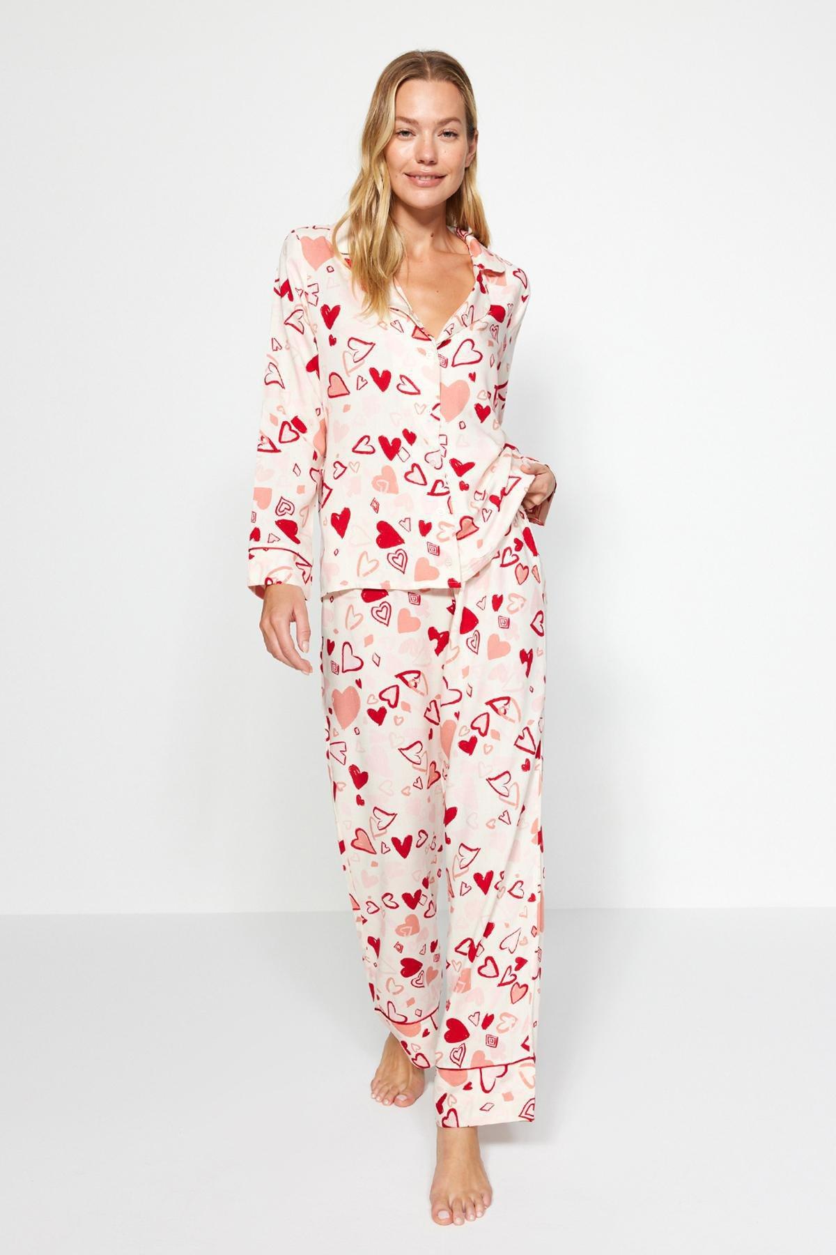 Multicolored Heart Pile Detailed Viscose Shirt-Pants Woven Pajamas Set THMAW24PT00091., 2 pcs, C101_1704, large image number 1