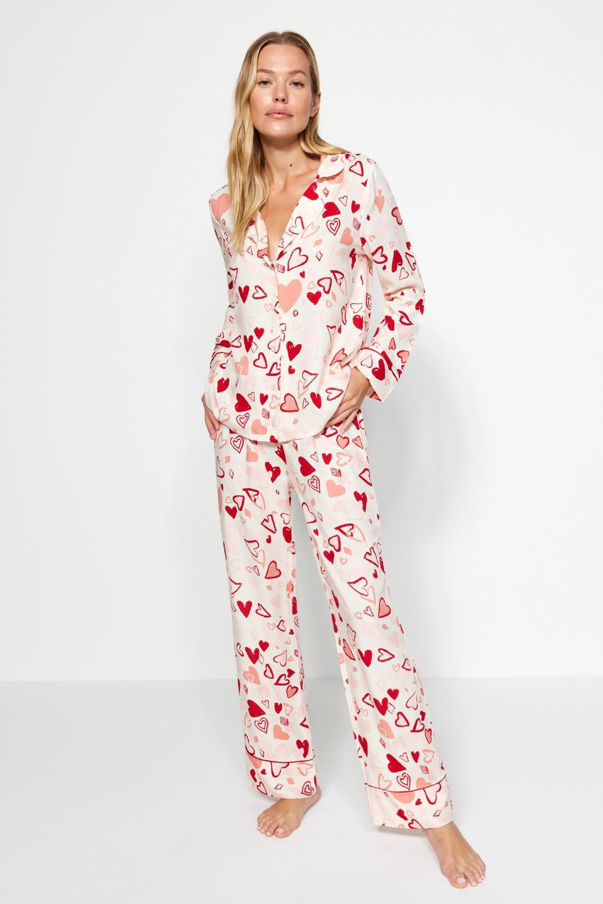 Multicolored Heart Pile Detailed Viscose Shirt-Pants Woven Pajamas Set THMAW24PT00091., 2 pcs, C101_1704, large image number 2
