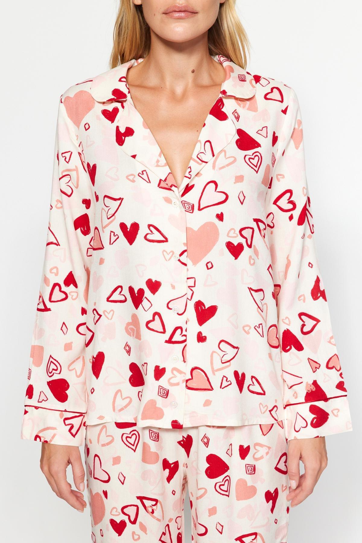 Multicolored Heart Pile Detailed Viscose Shirt-Pants Woven Pajamas Set THMAW24PT00091., 2 pcs, C101_1704, large image number 3